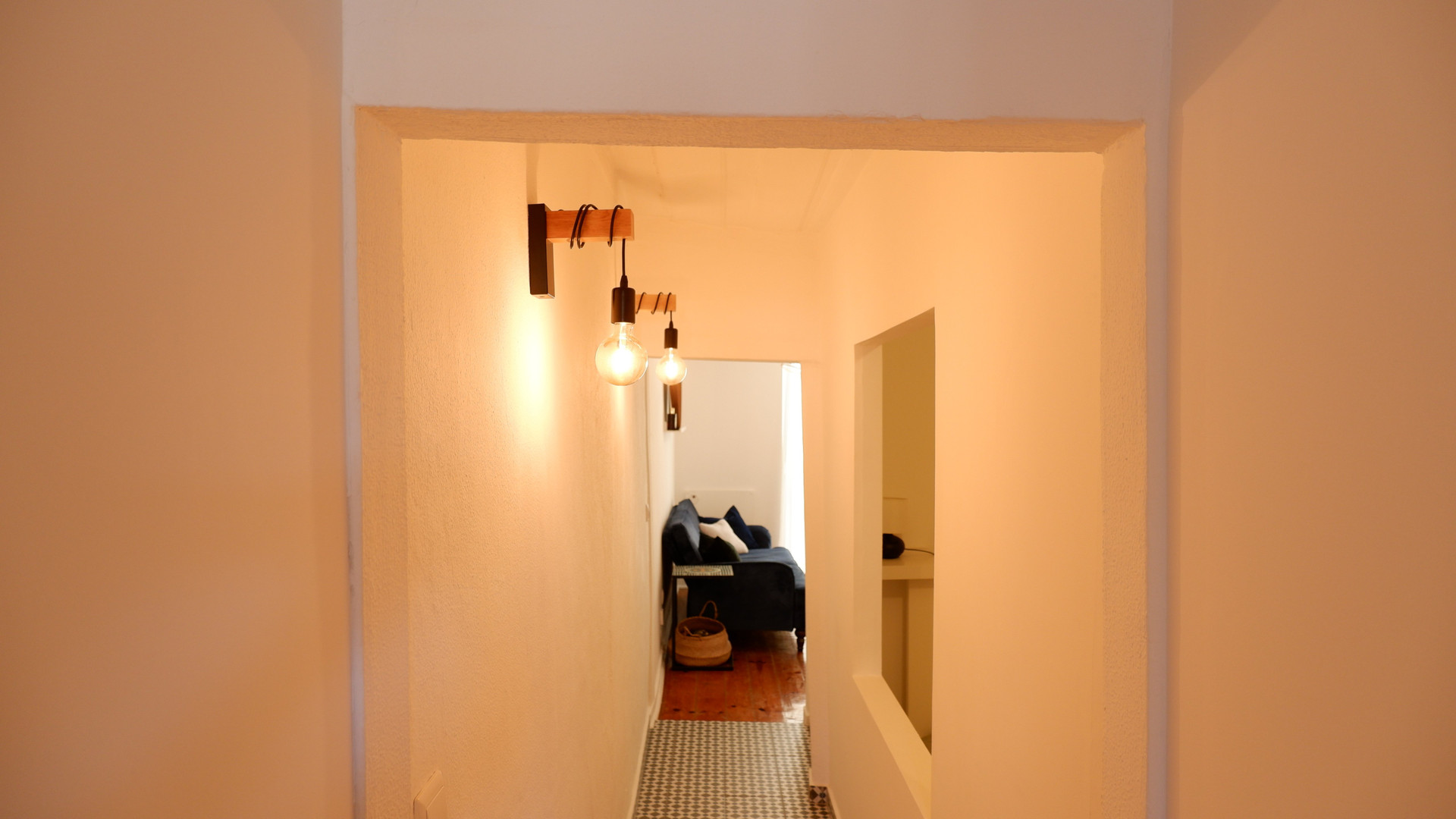 Hallway with pendant lights