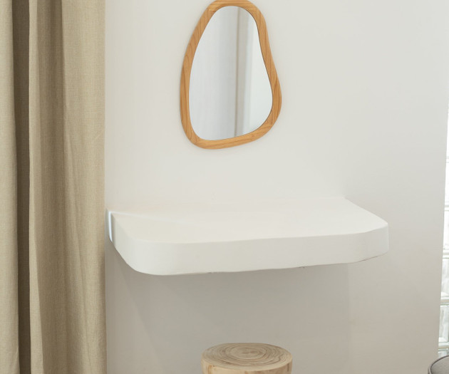 Mirror, shelf and wooden stool