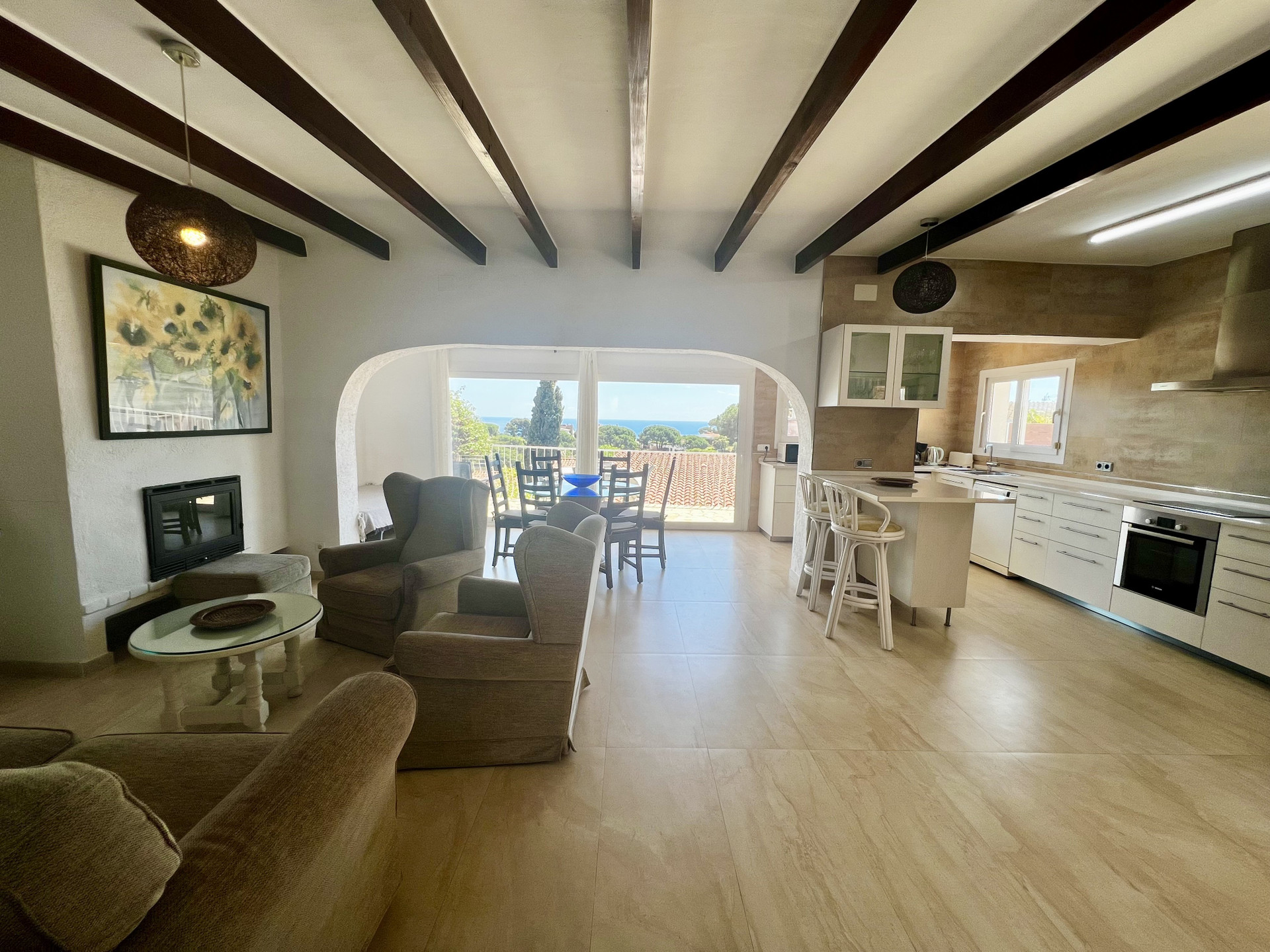 Open plan living kitchen sea view