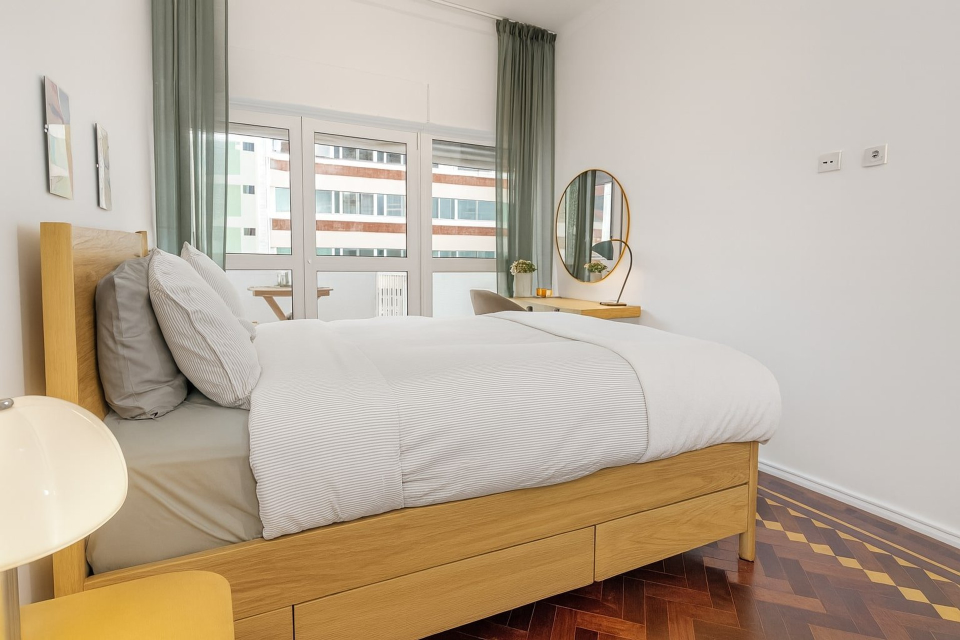 Bright bedroom with large windows