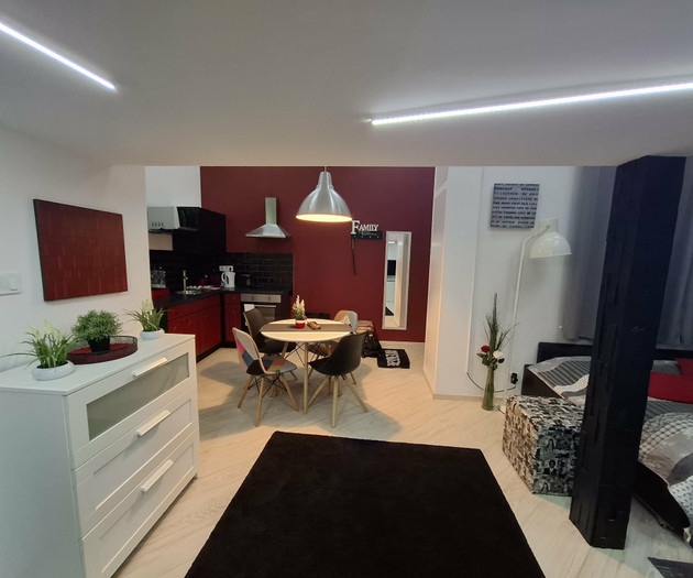 Living room with kitchen view