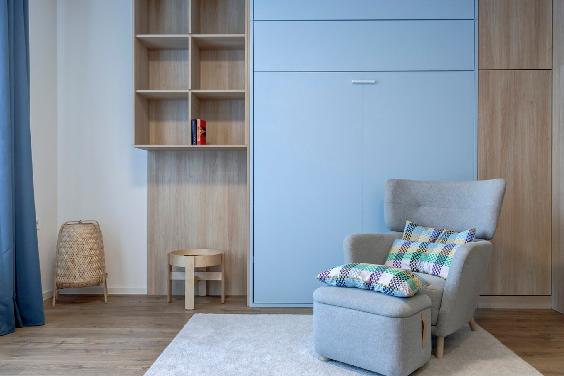Our bed is falling from the wall, but if you need more space and a different look of the apartment, you can always just lift it back and voala!
