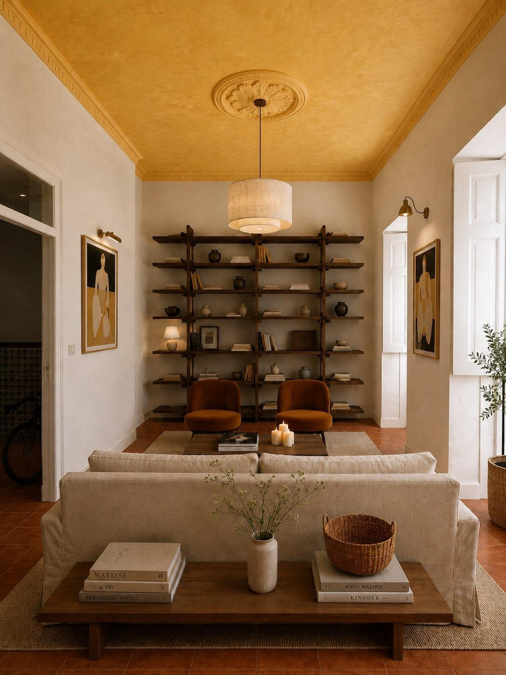 Living room with yellow ceiling shelves