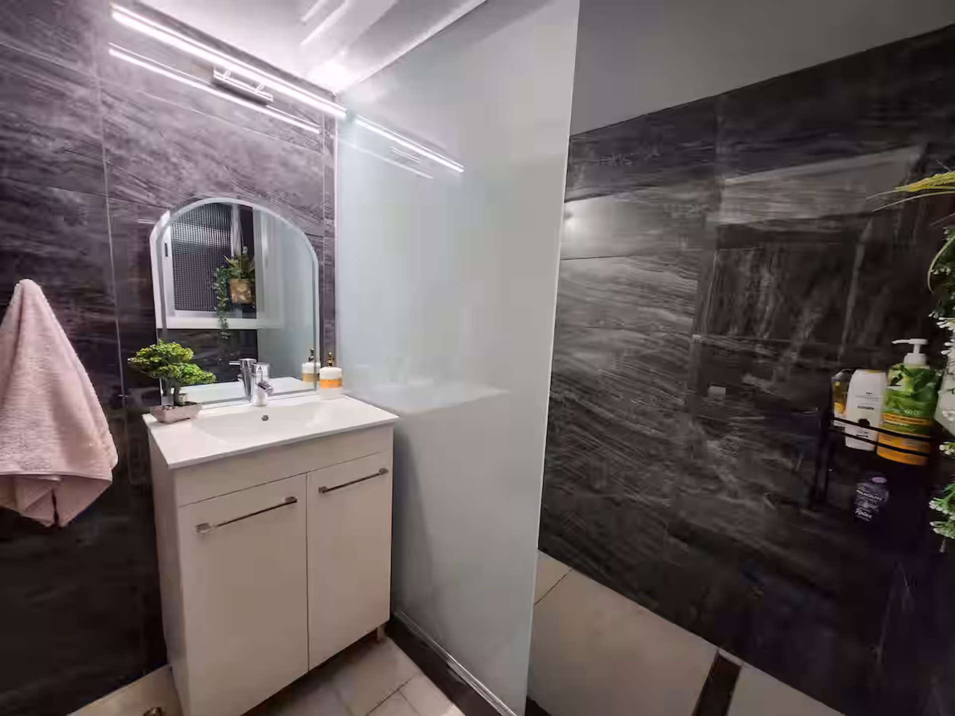 Bathroom with vanity and shower