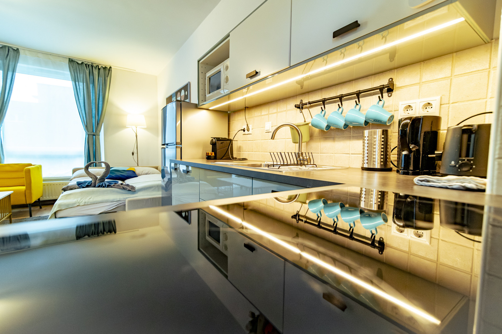 Kitchen counter appliances living room view