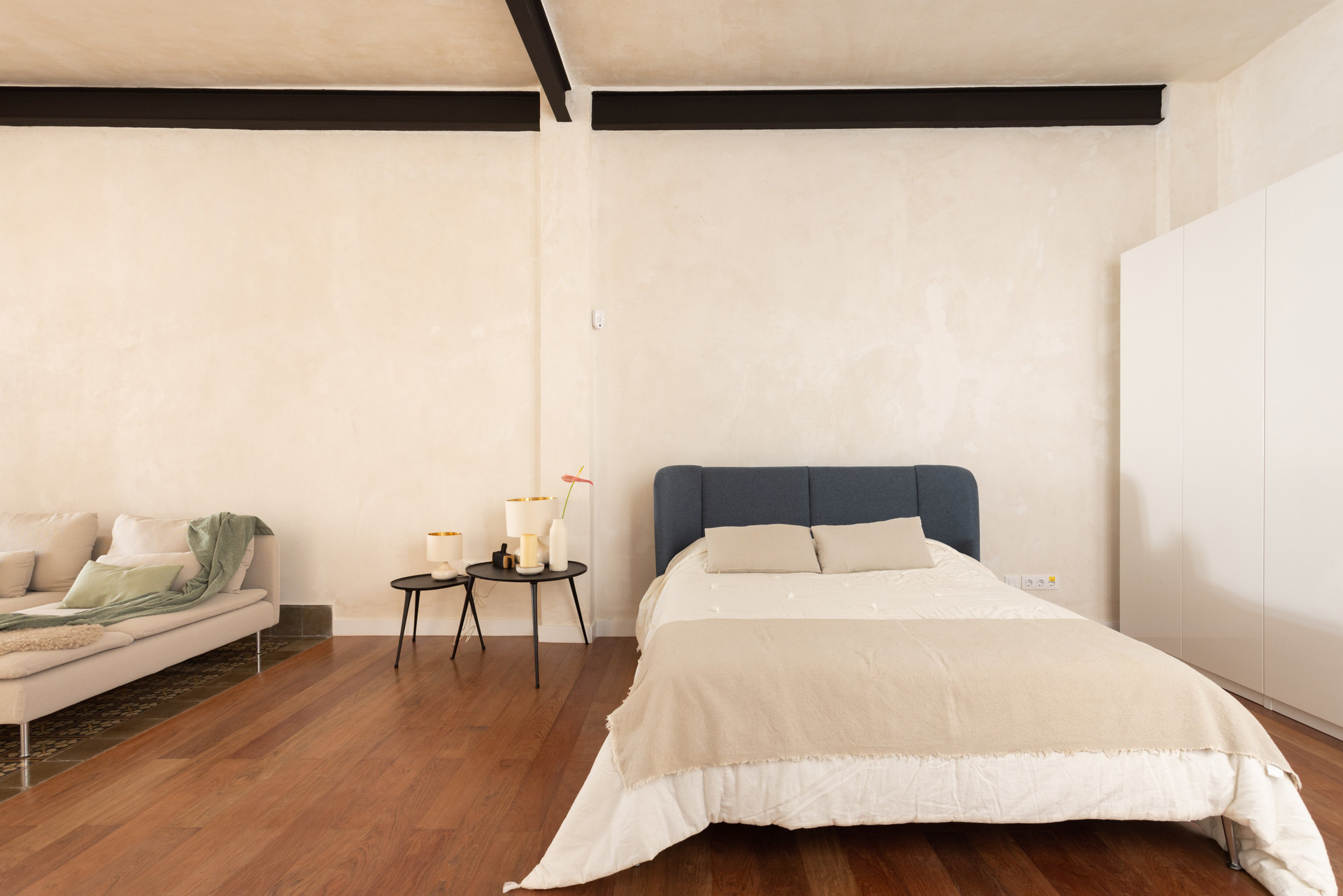 Open bedroom with sofa and bed