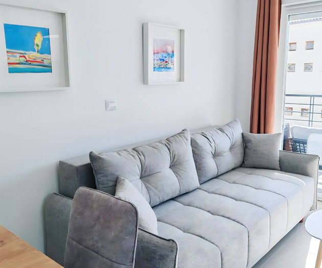 Cozy sofa with wall art