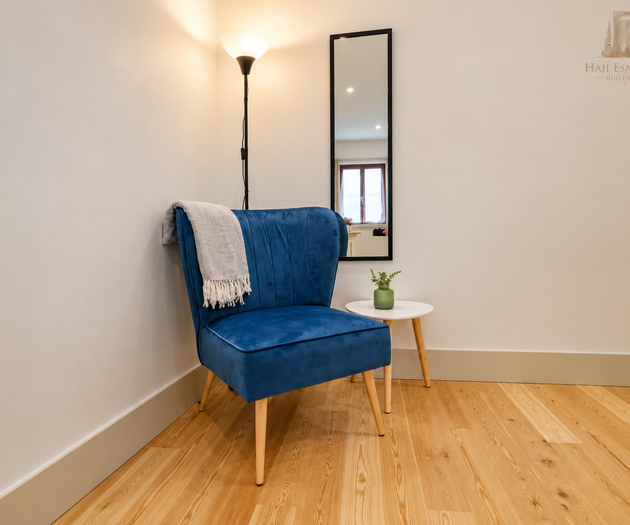 Blue armchair reading corner