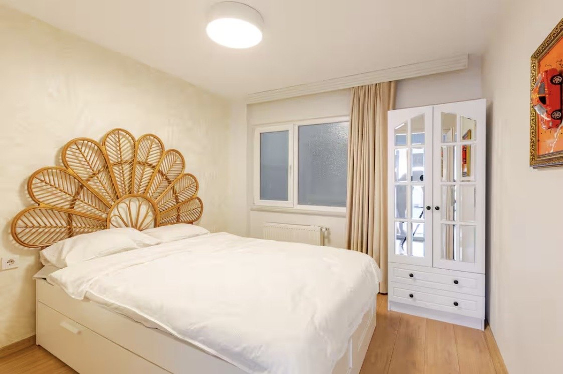 Bedroom rattan headboard white wardrobe