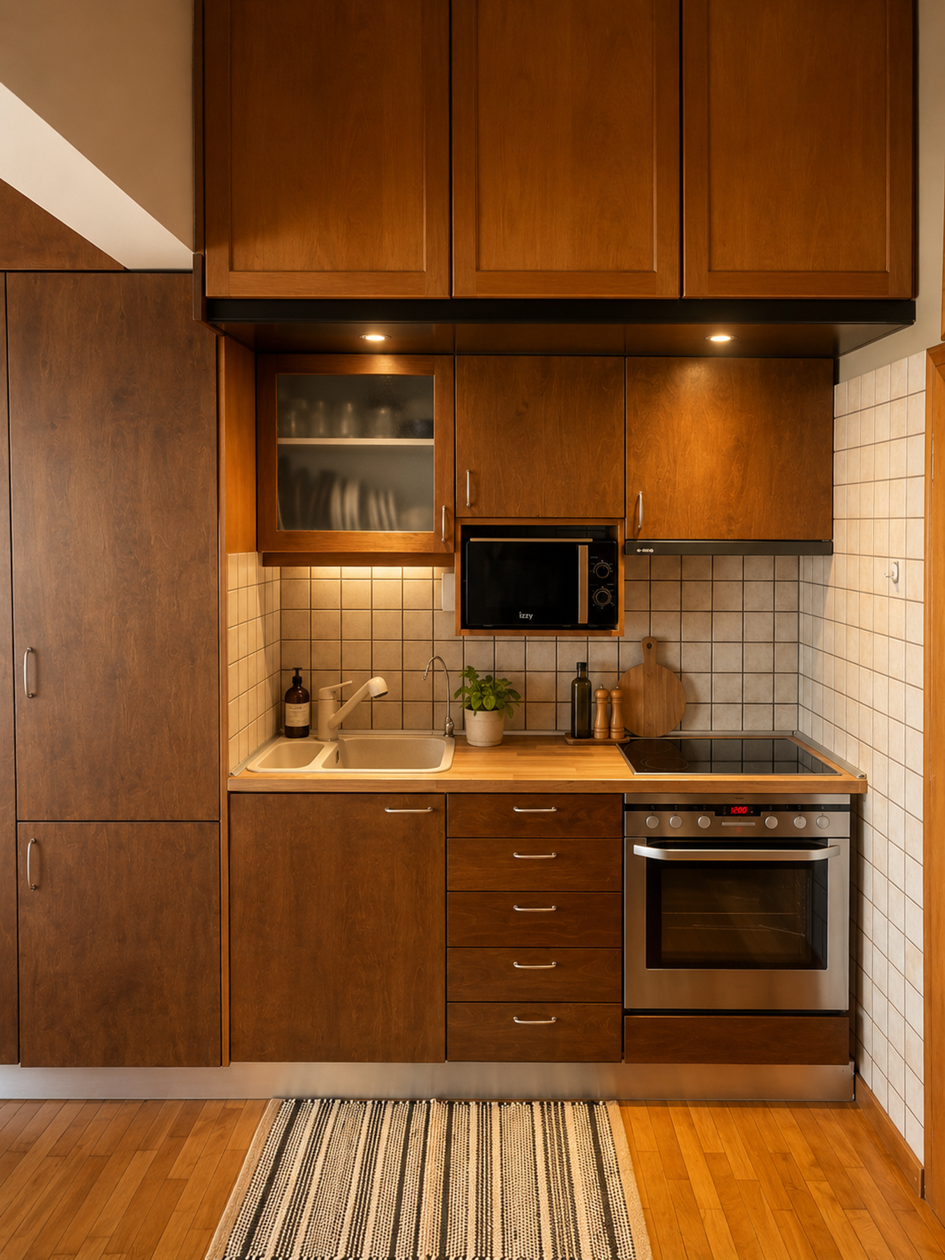 Compact kitchen with wood cabinets