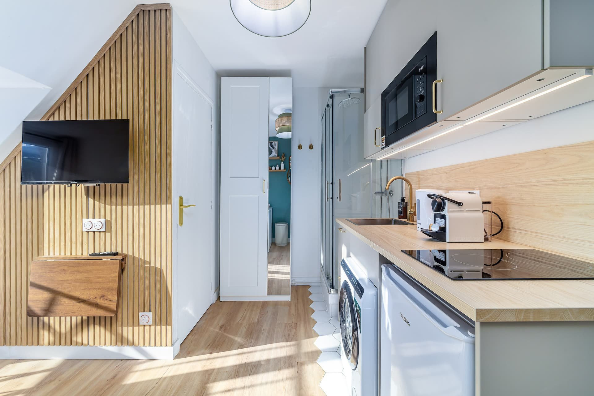 Kitchen with TV nook and closet