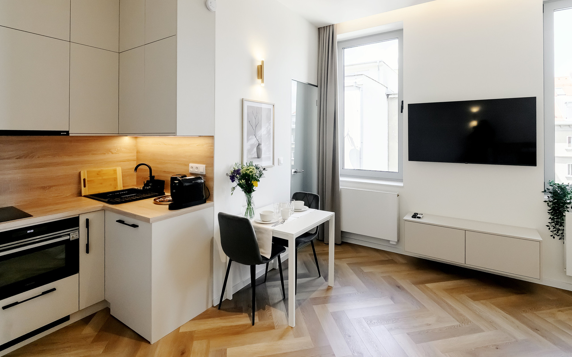 Open kitchen with dining area TV