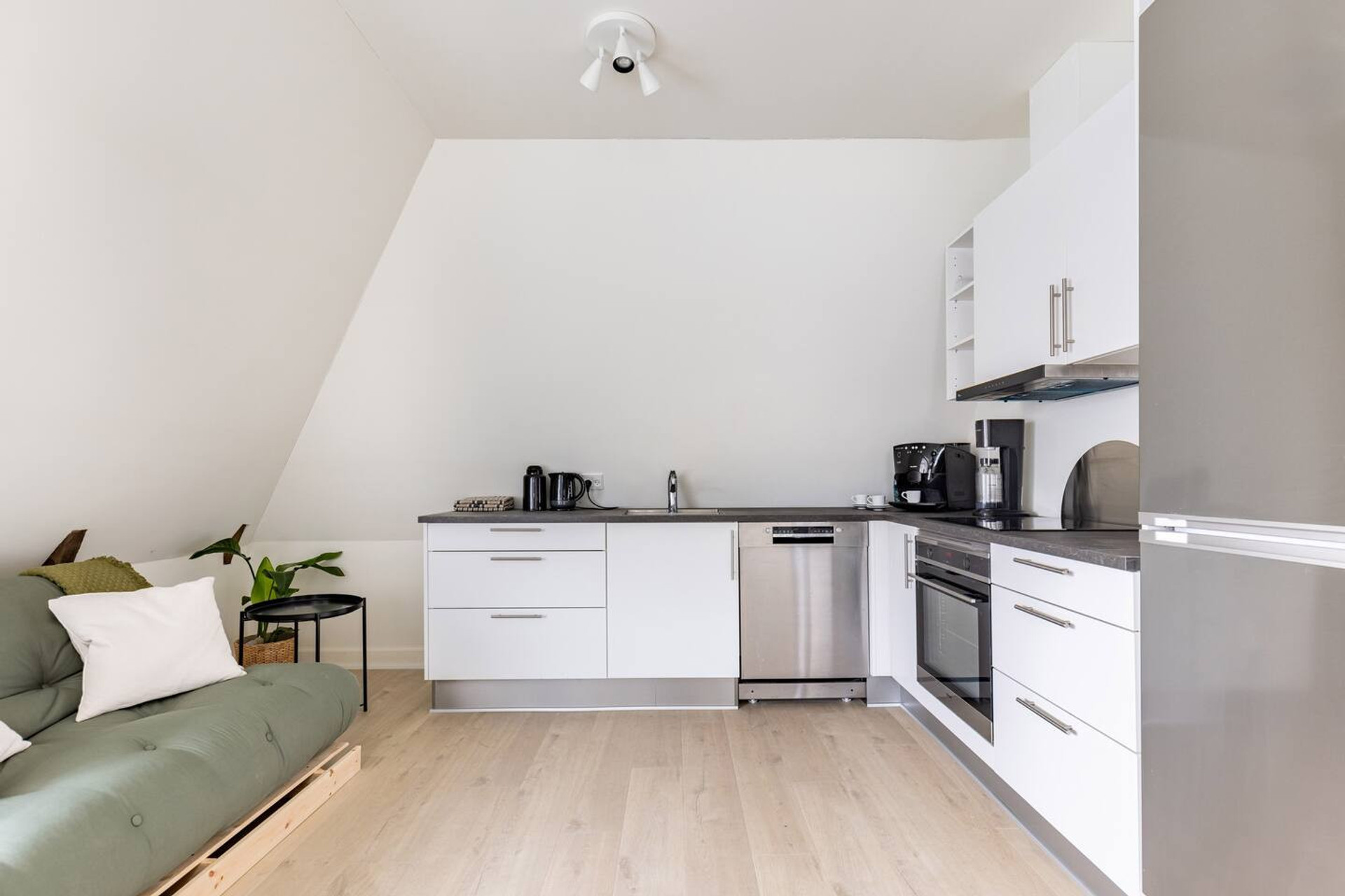 Sofabed and kitchen.
