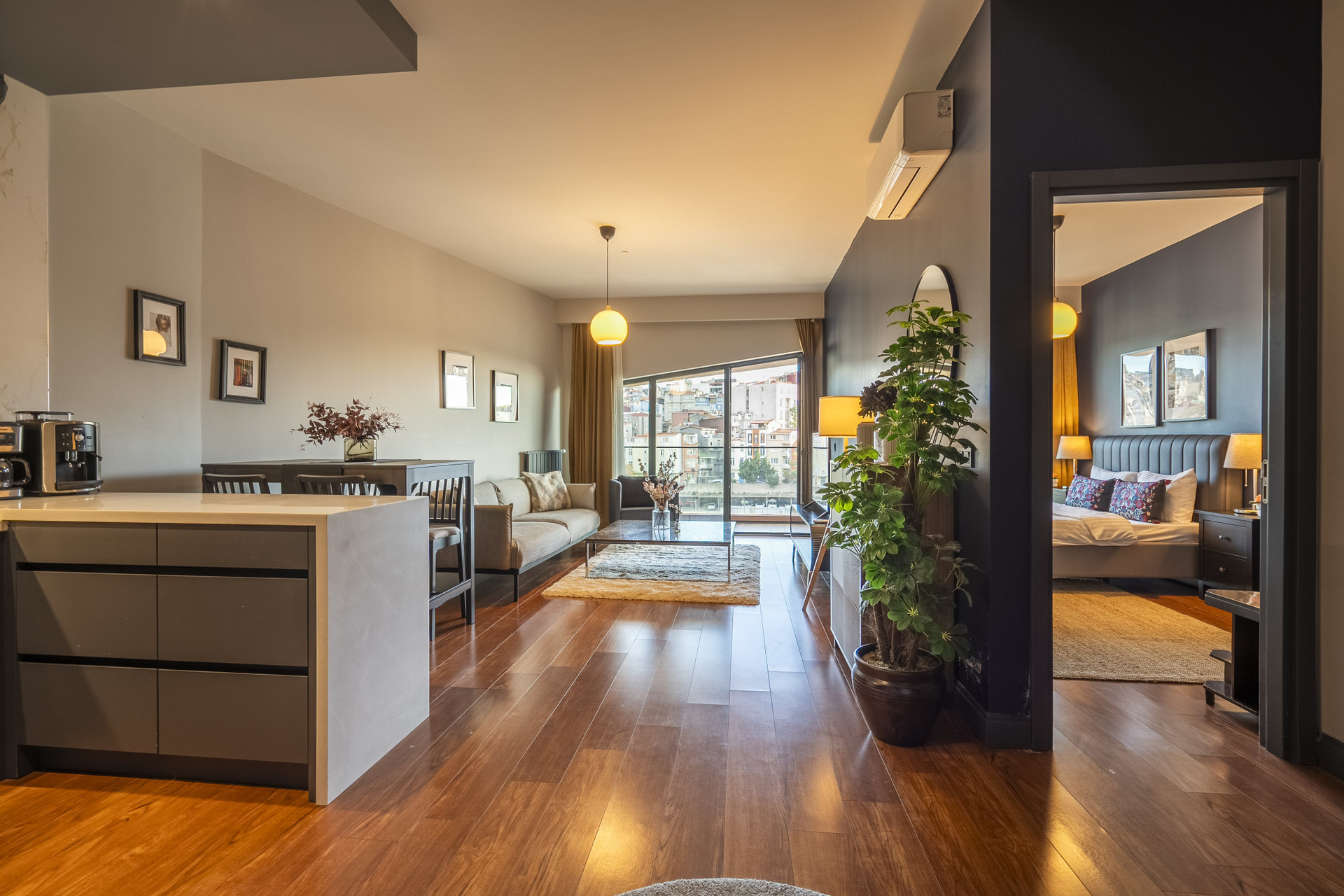 Open plan living room kitchen bedroom