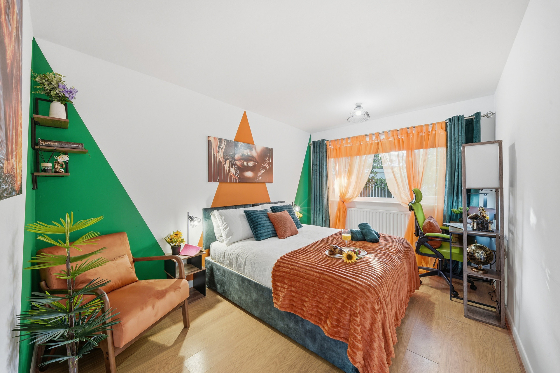 Bright bedroom with desk workspace