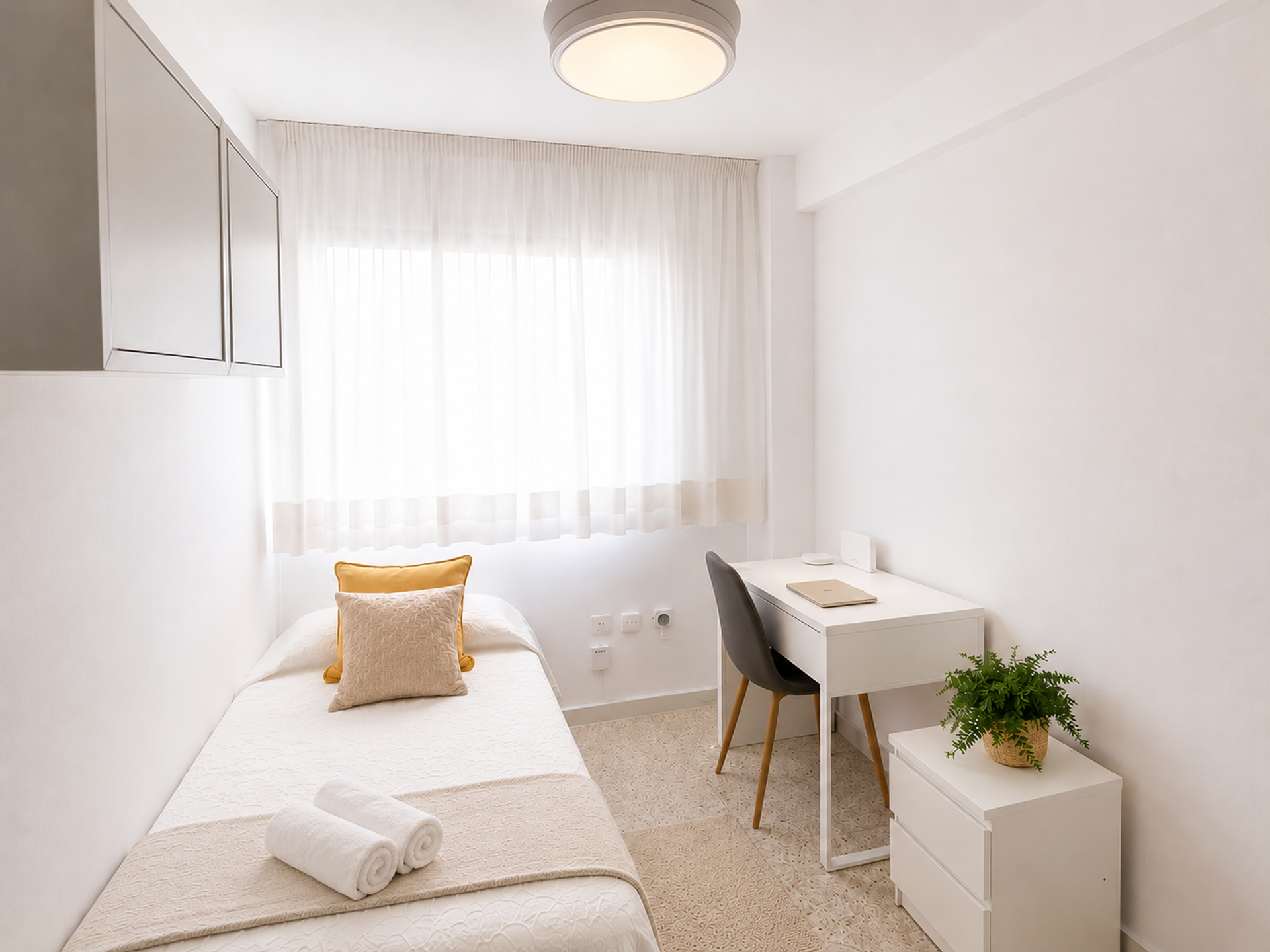 Bright bedroom with desk and plant
