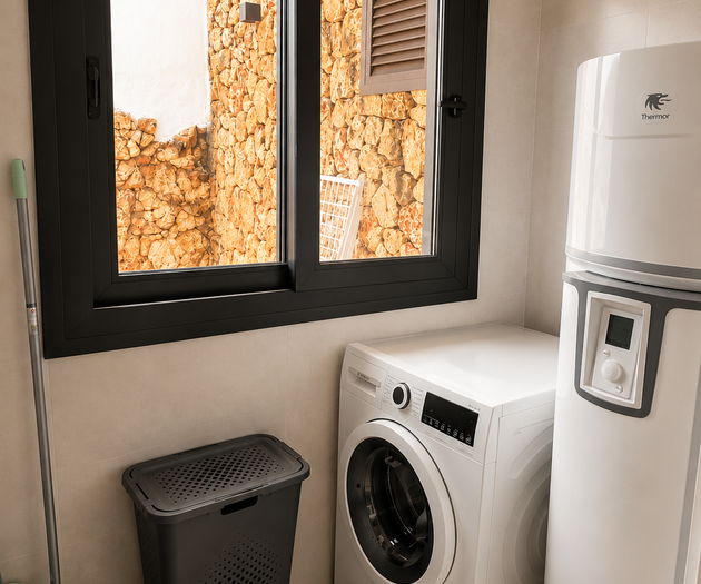 Laundry room with washer, heater