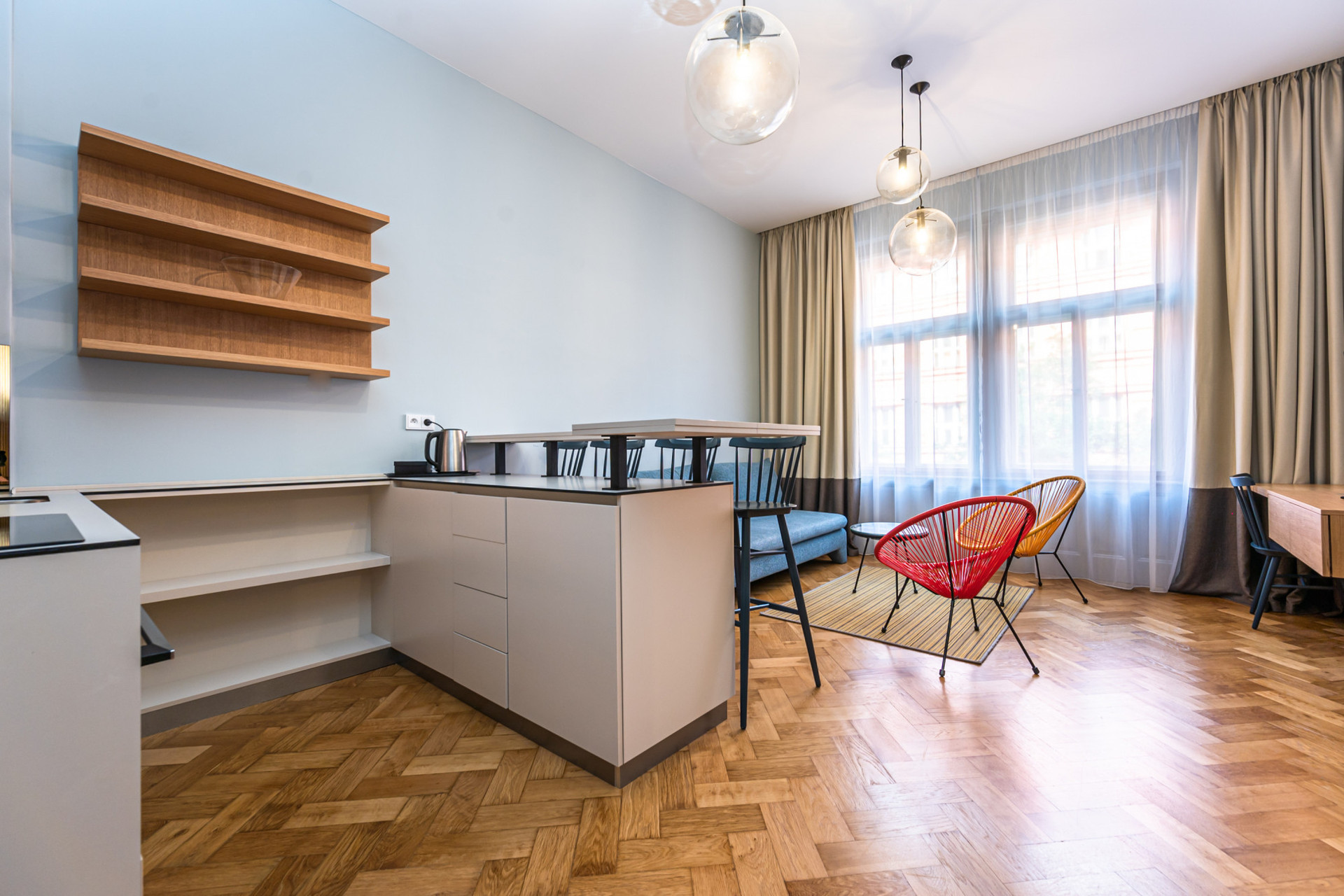 Living room with kitchen corner