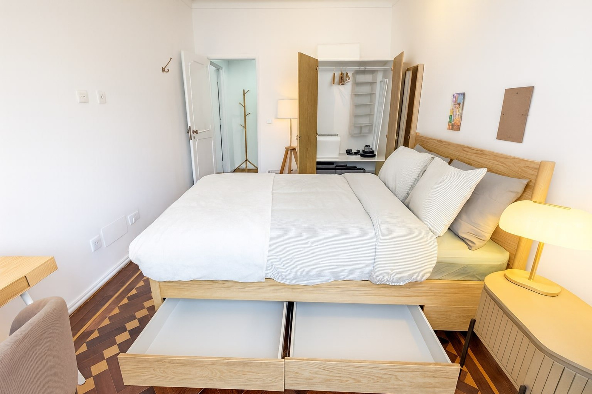 Bedroom with under-bed storage drawers