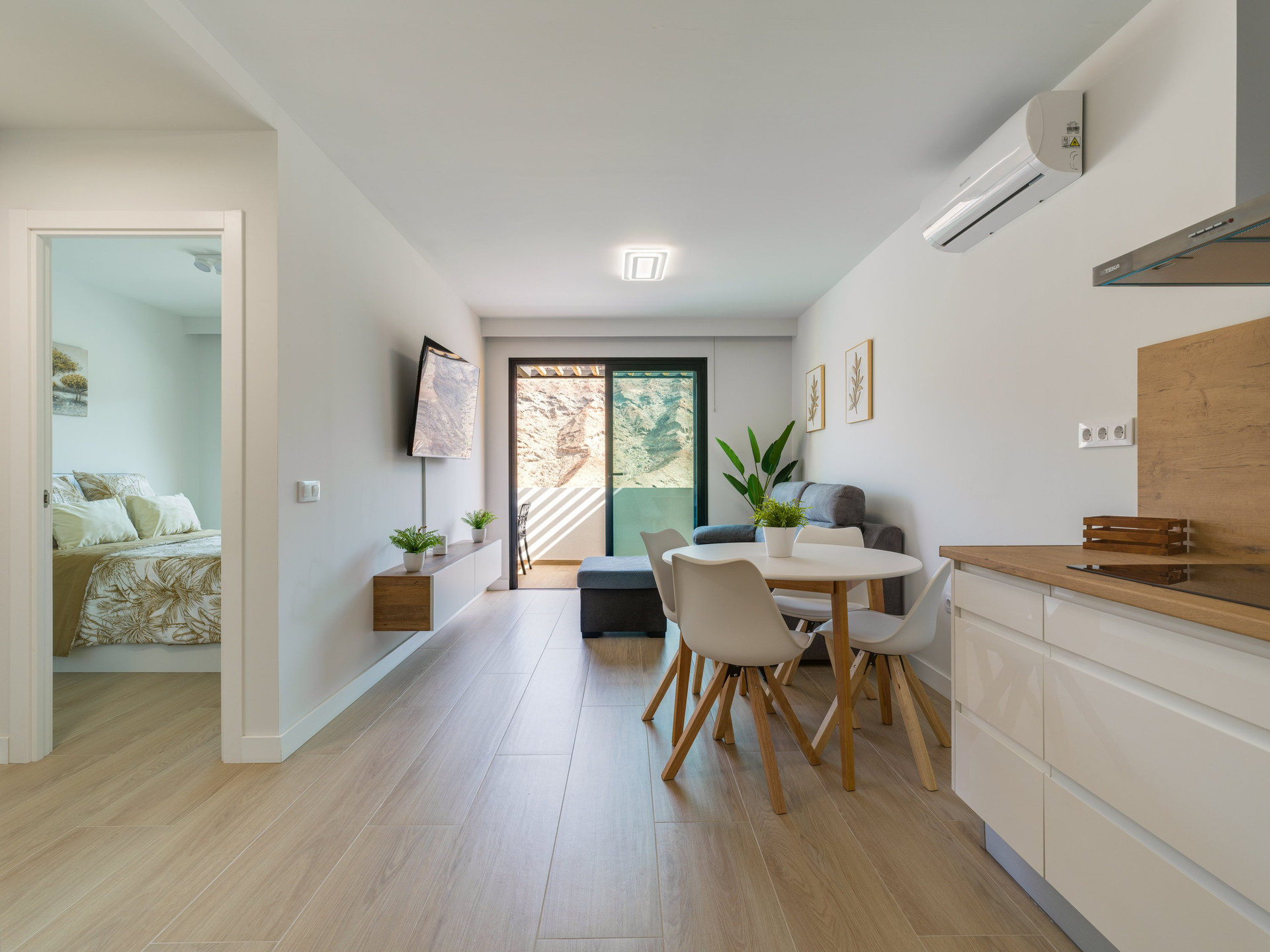 Living dining kitchen with bedroom view