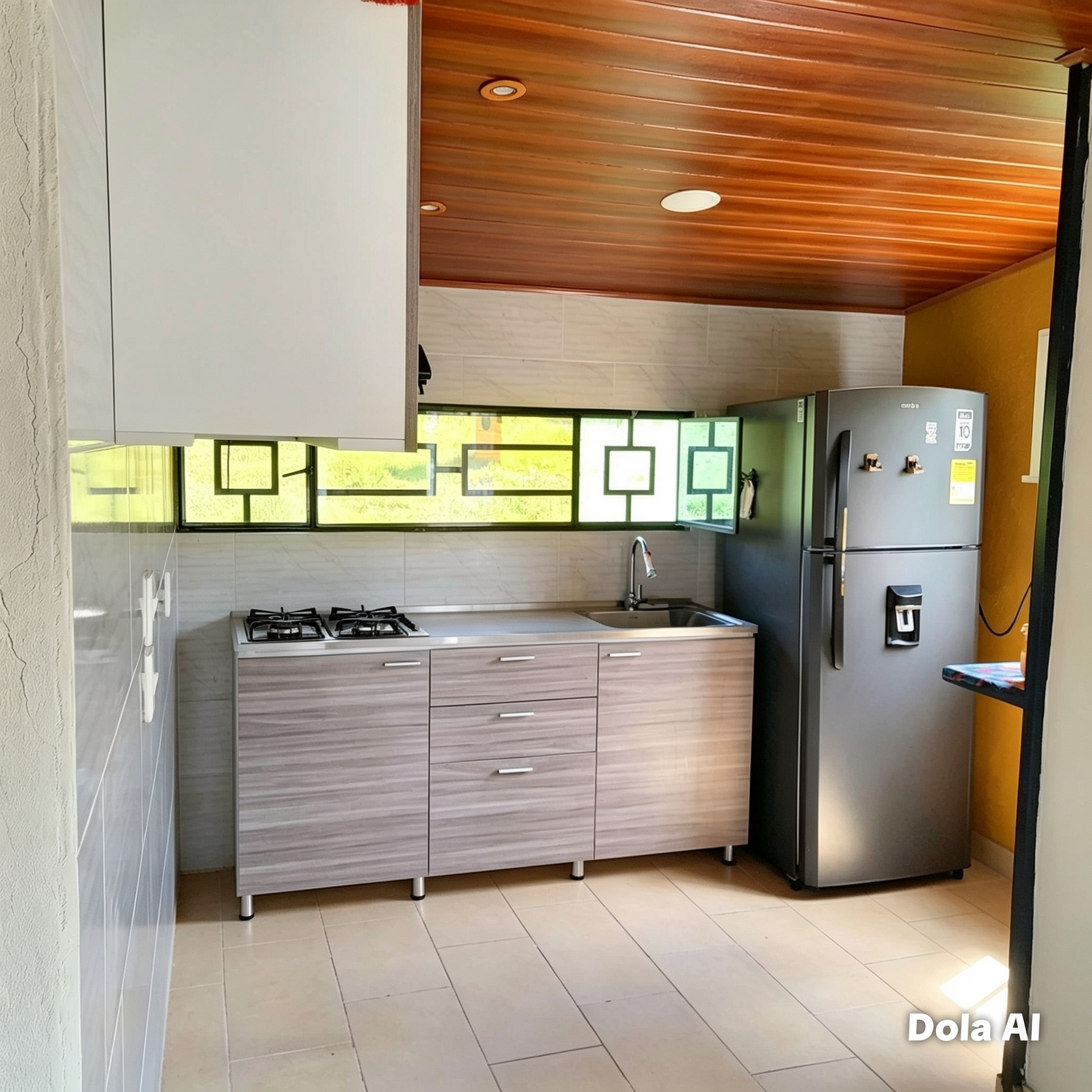 Modern kitchen with stove and fridge