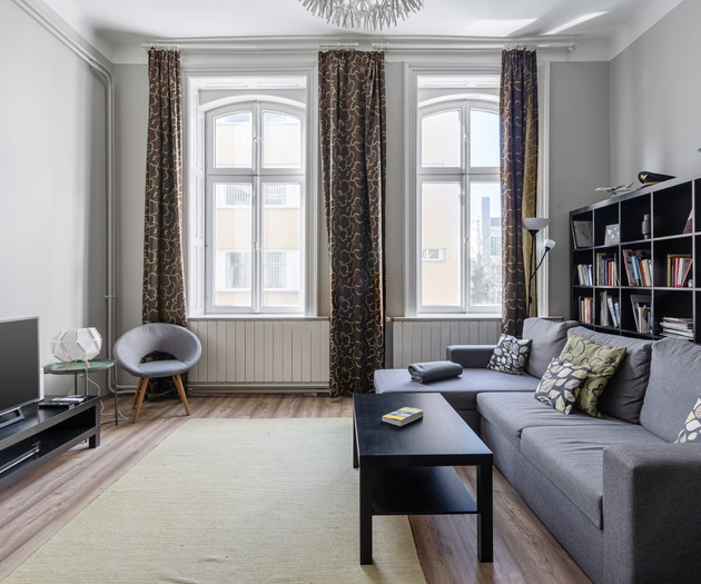Living room with grey sofa
