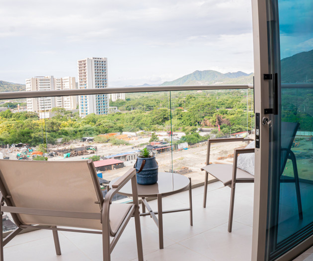 Balcony seating with mountain views
