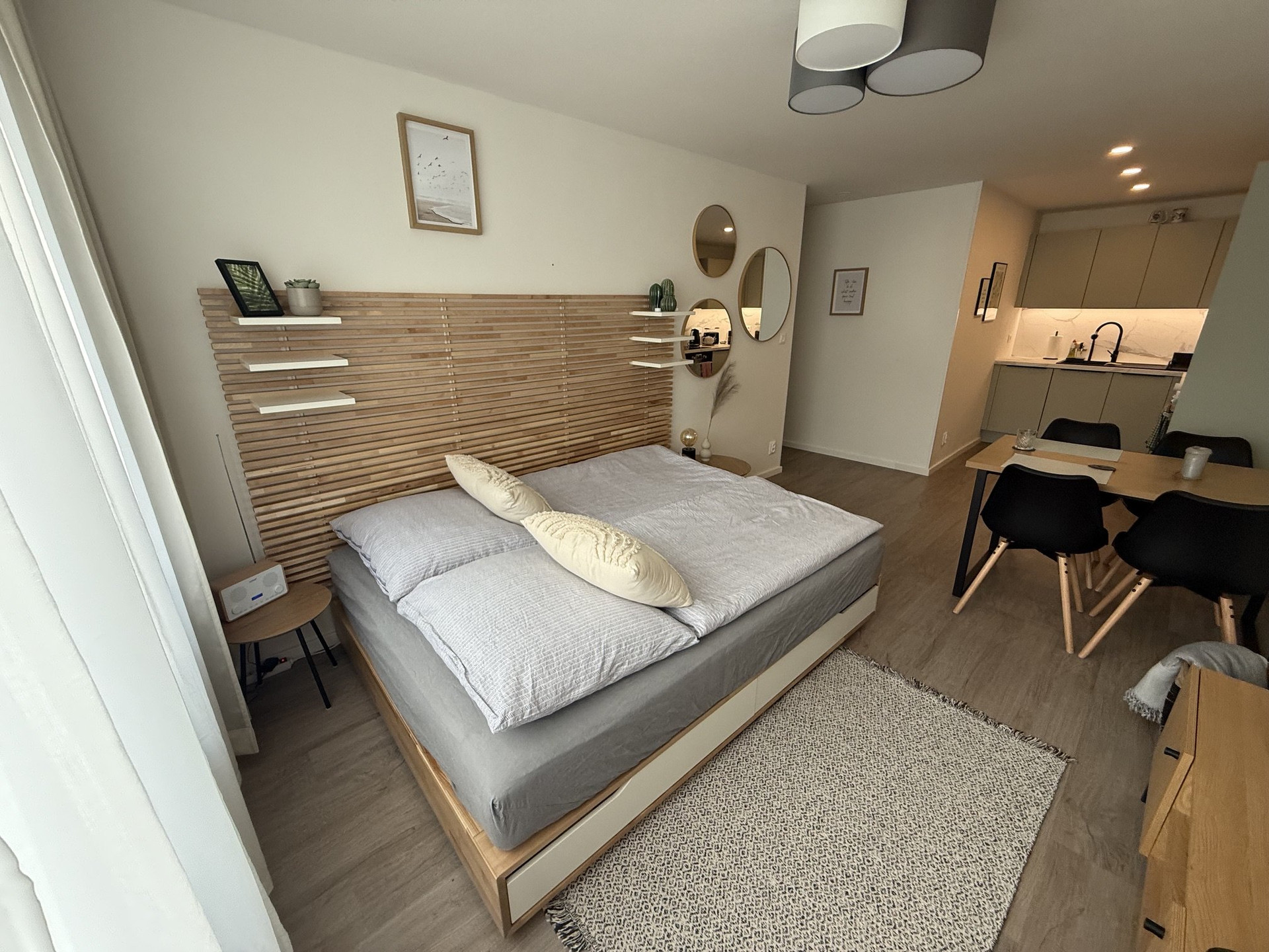 Open studio bedroom and kitchen view