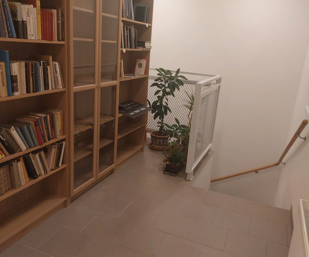 Hallway with bookshelves and staircase