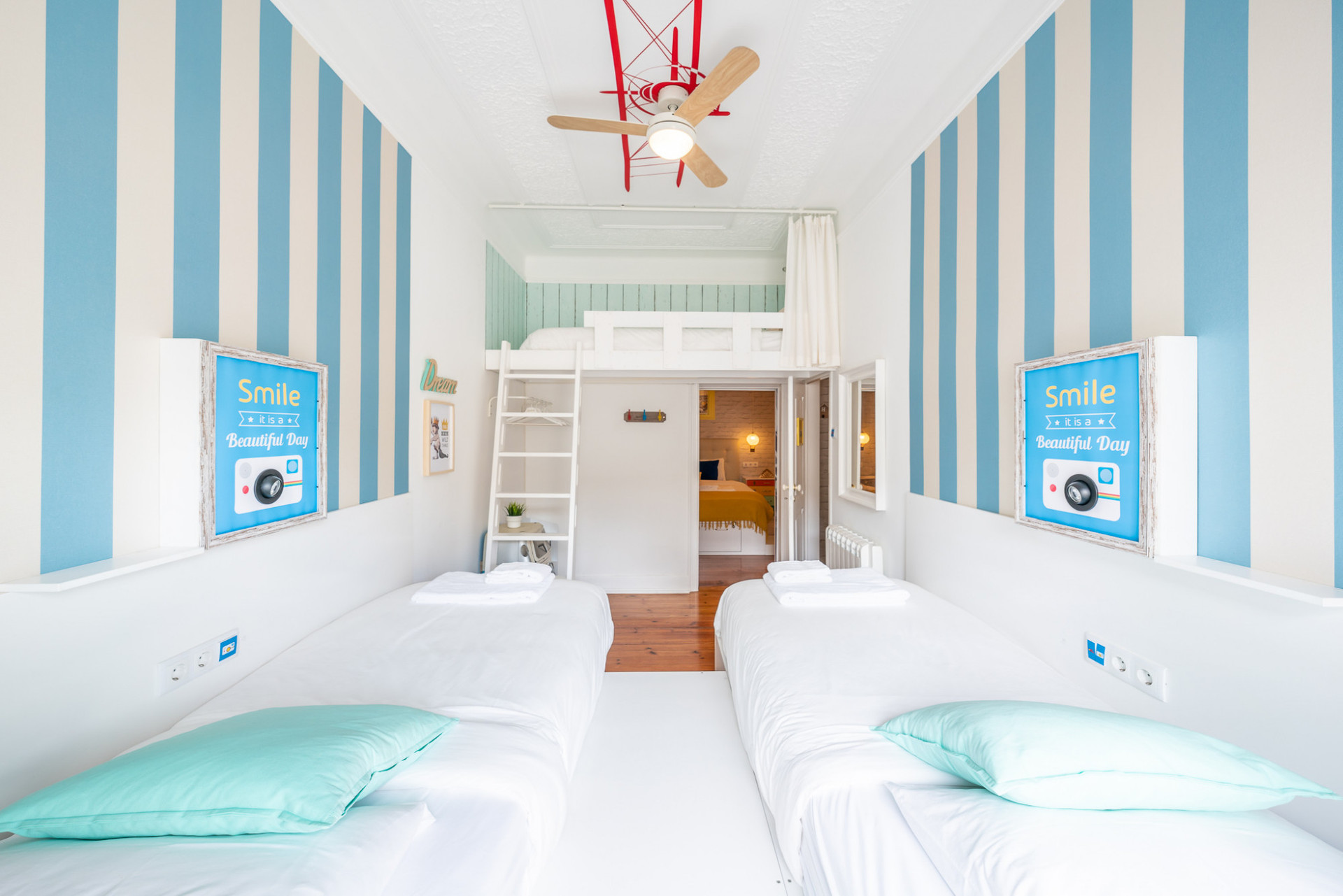 Room 2: Twin Beds can convert into 1 Queen Bed. It also has 1 Loft Single Bed.
