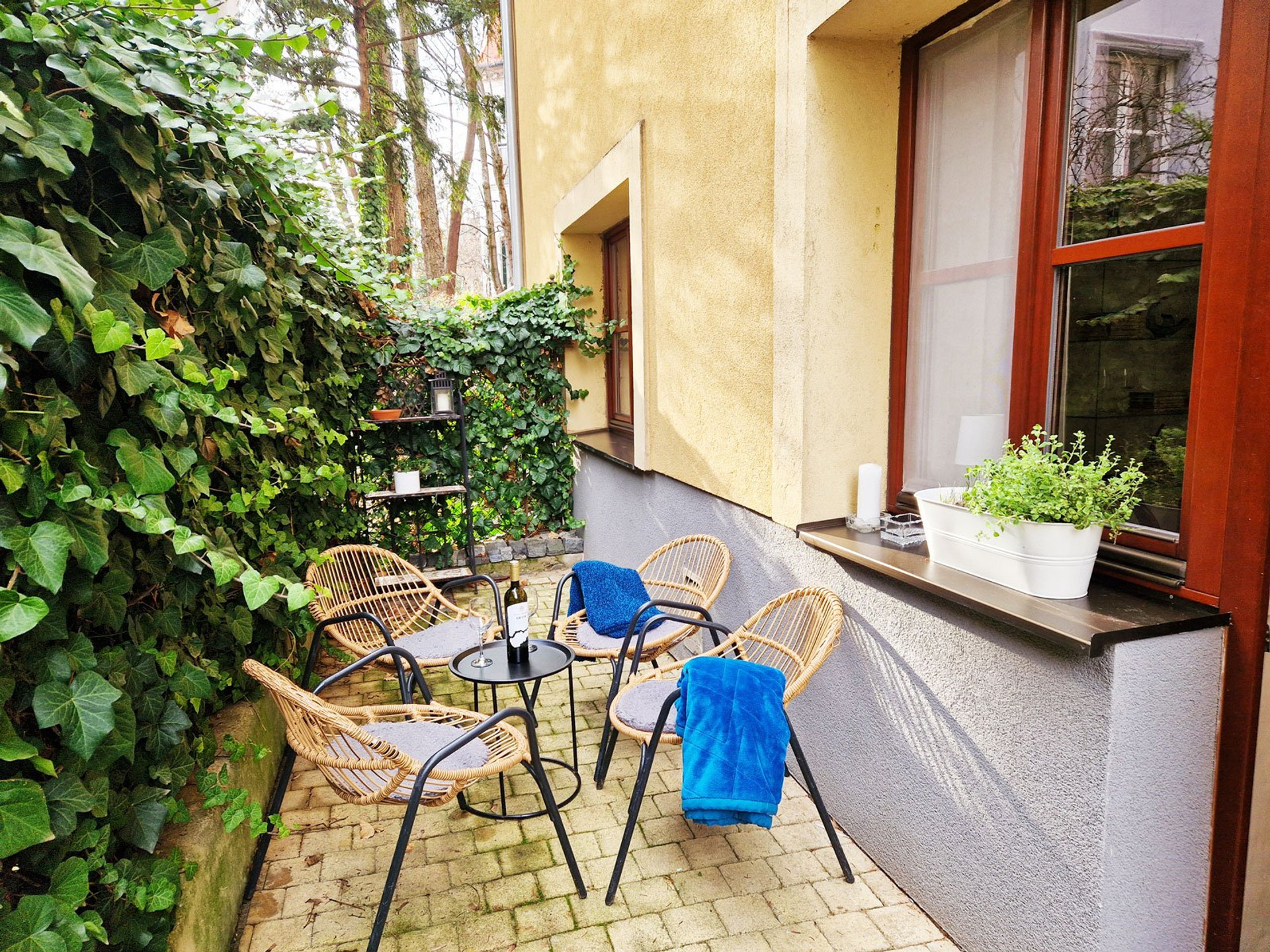 Cozy terrace with rattan chairs