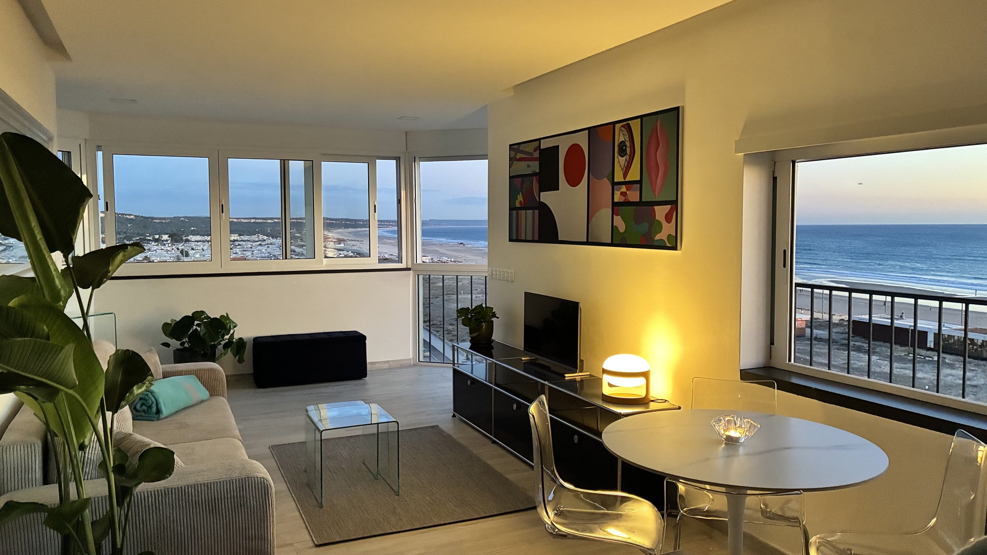 Living room with ocean view, evening