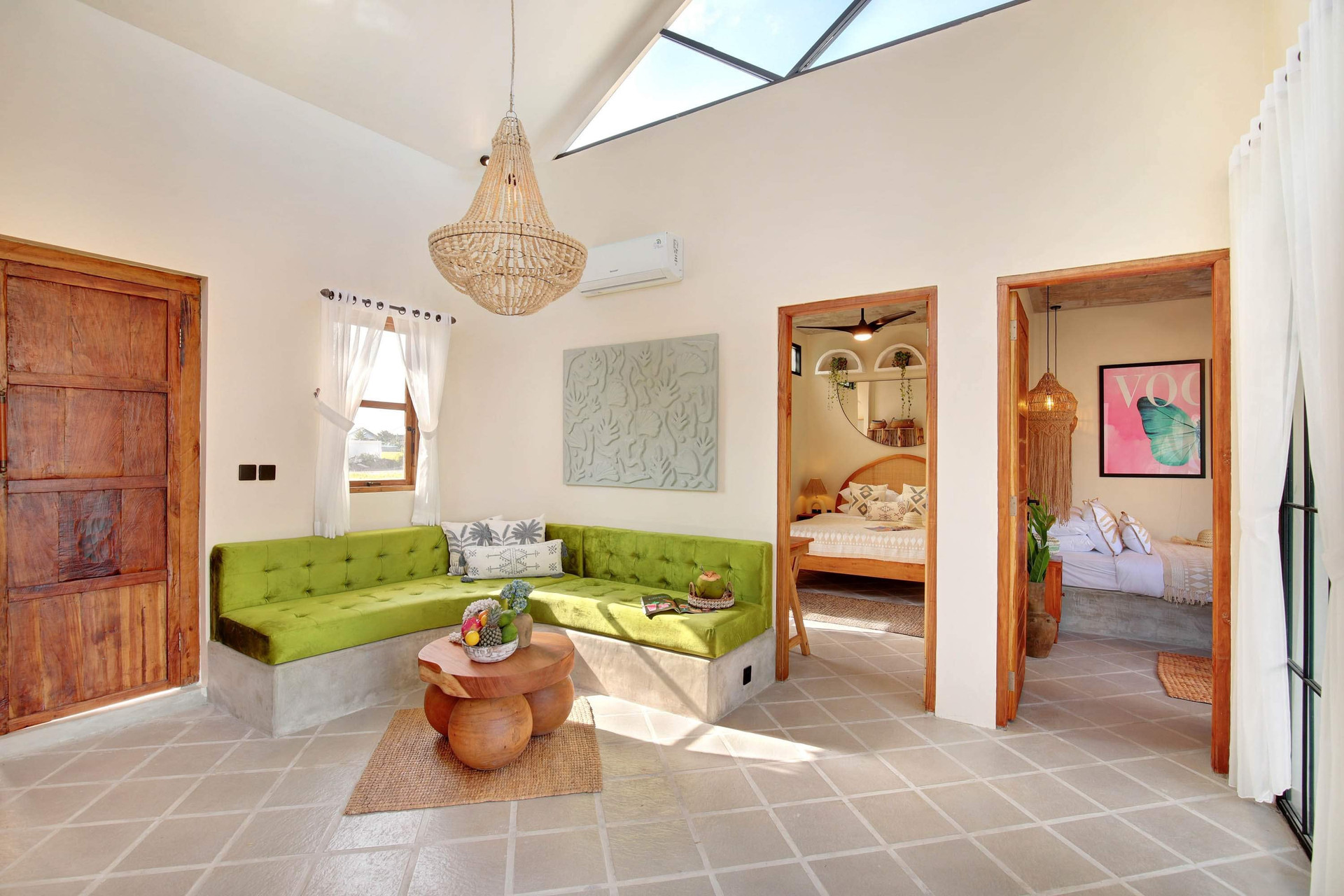 Bright living room with skylights