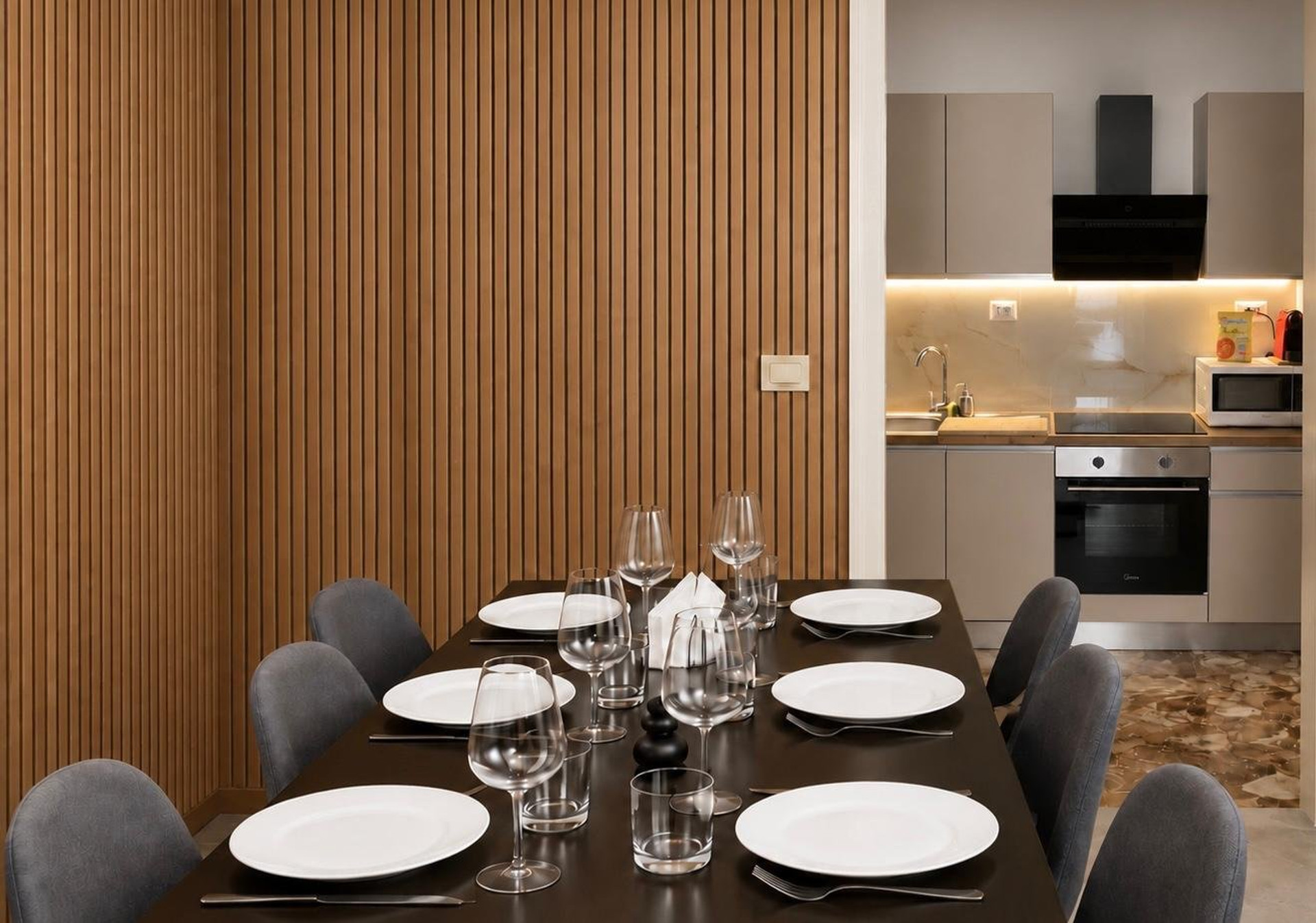 Dining table with kitchen view