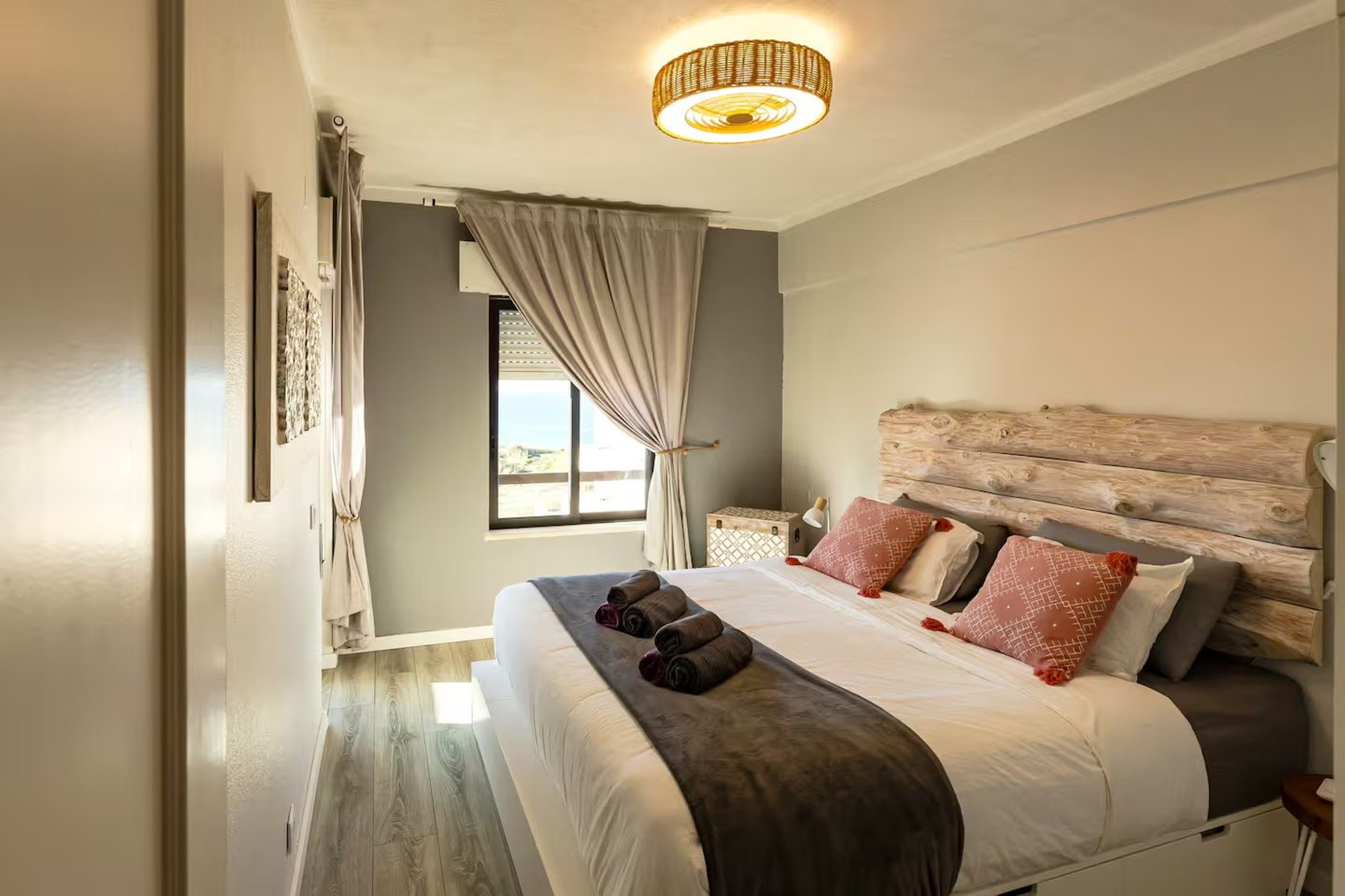Bedroom with wood headboard