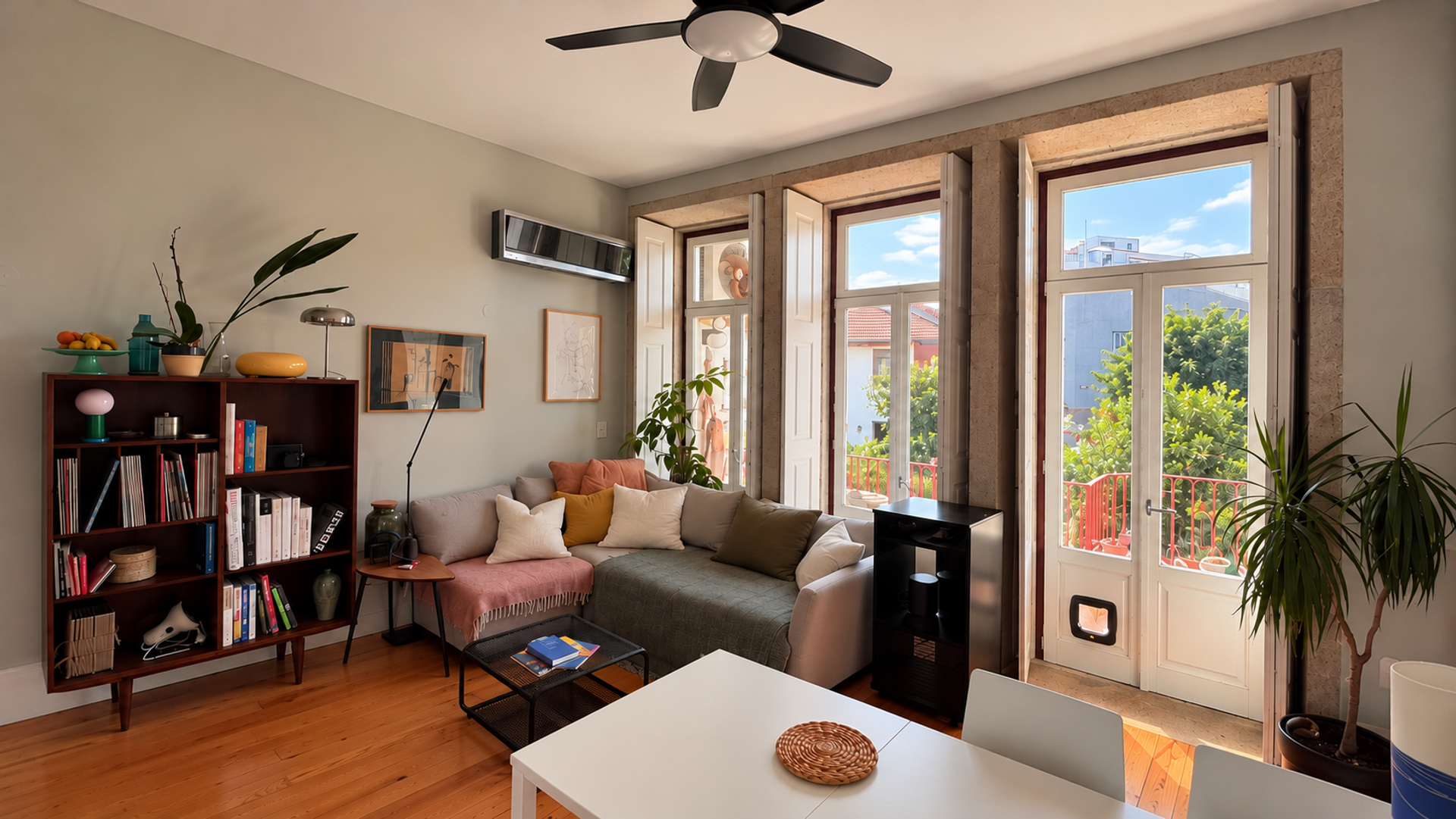 Bright living room with balcony doors