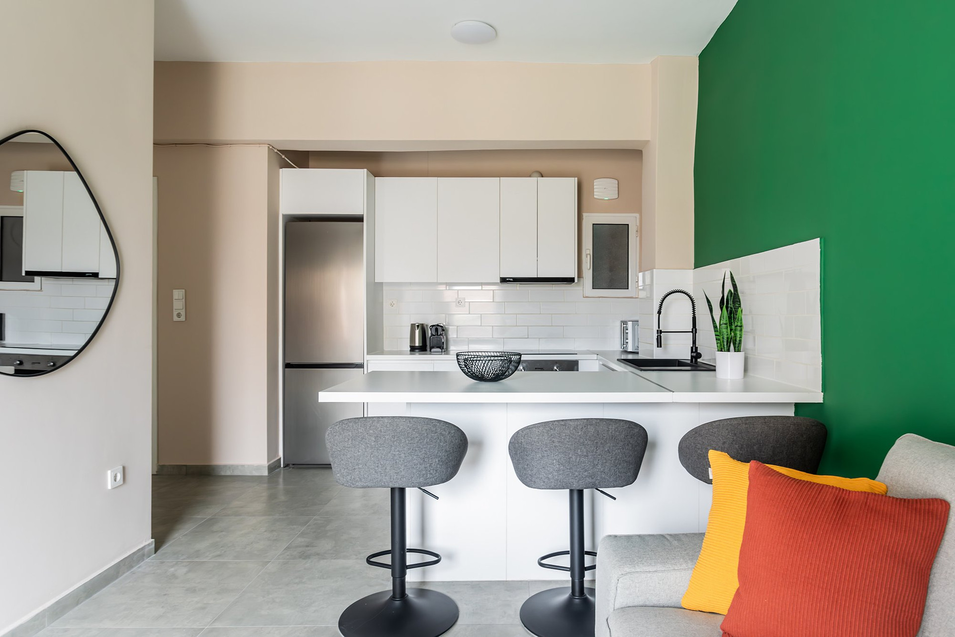 Kitchen bar with white cabinets