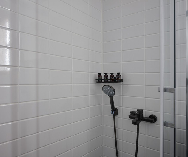 The shower and the bathroom amenities