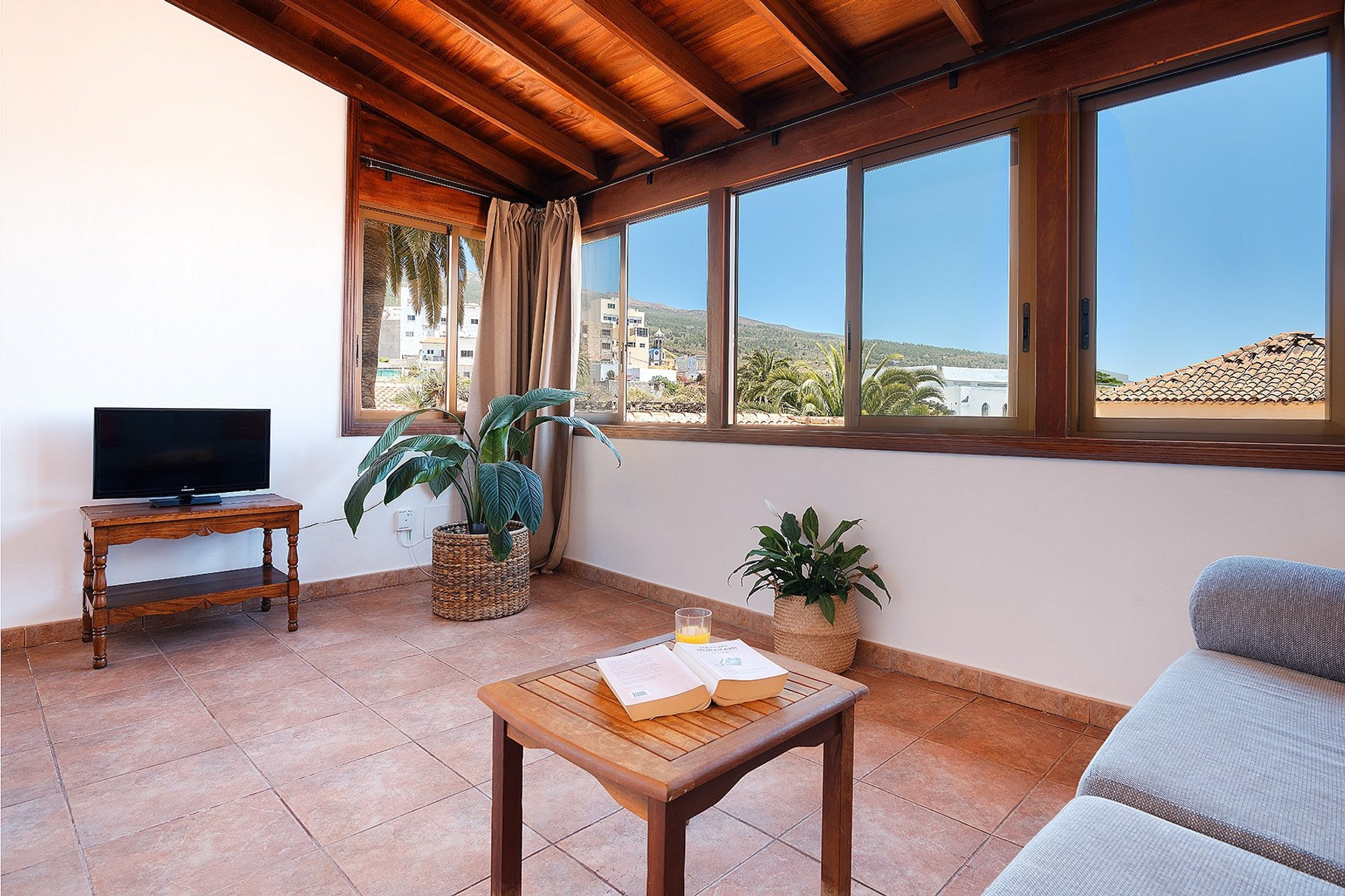 Bright living room with window views