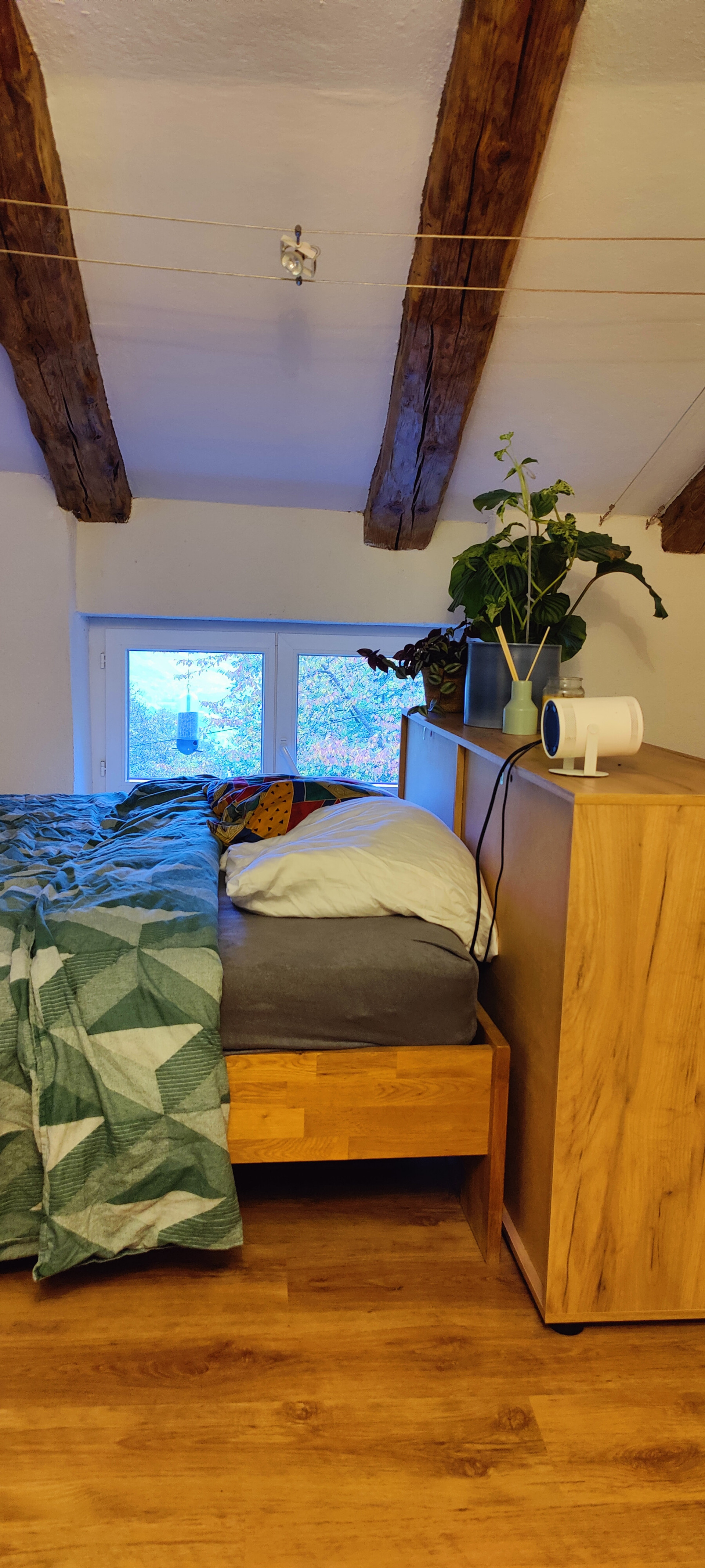 bed with montain view