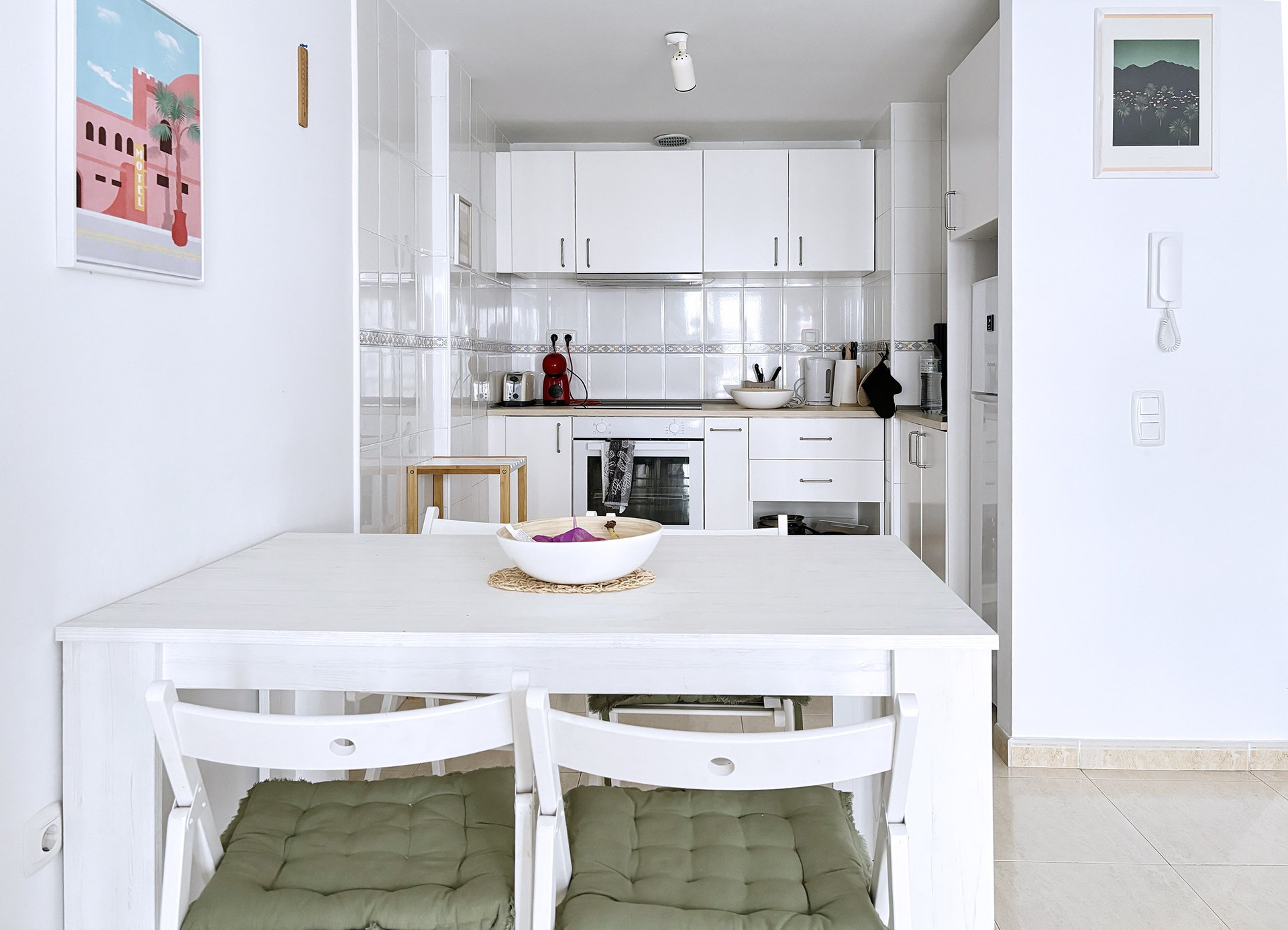 Dining table with kitchen view
