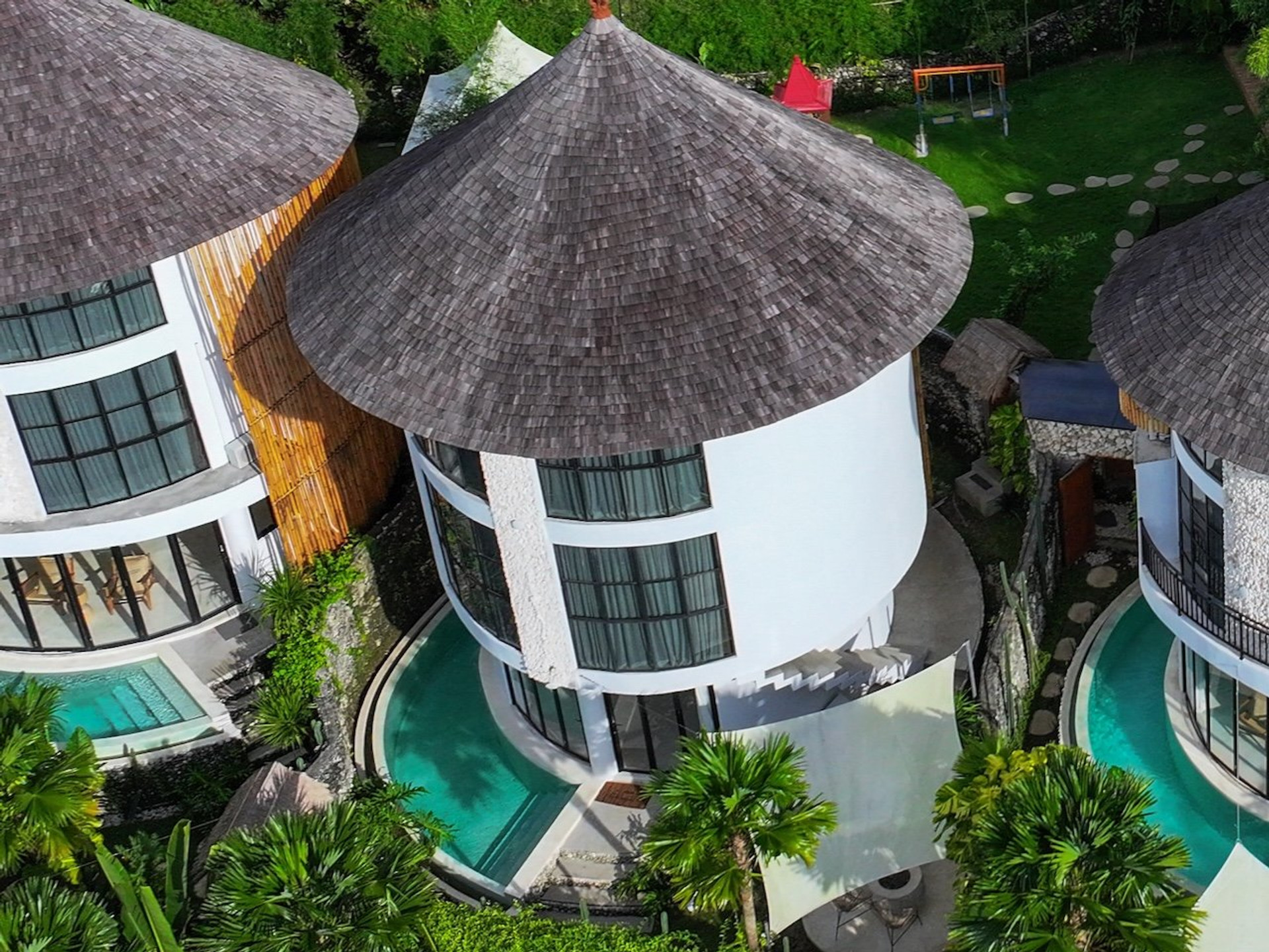 Aerial view villa pools gardens