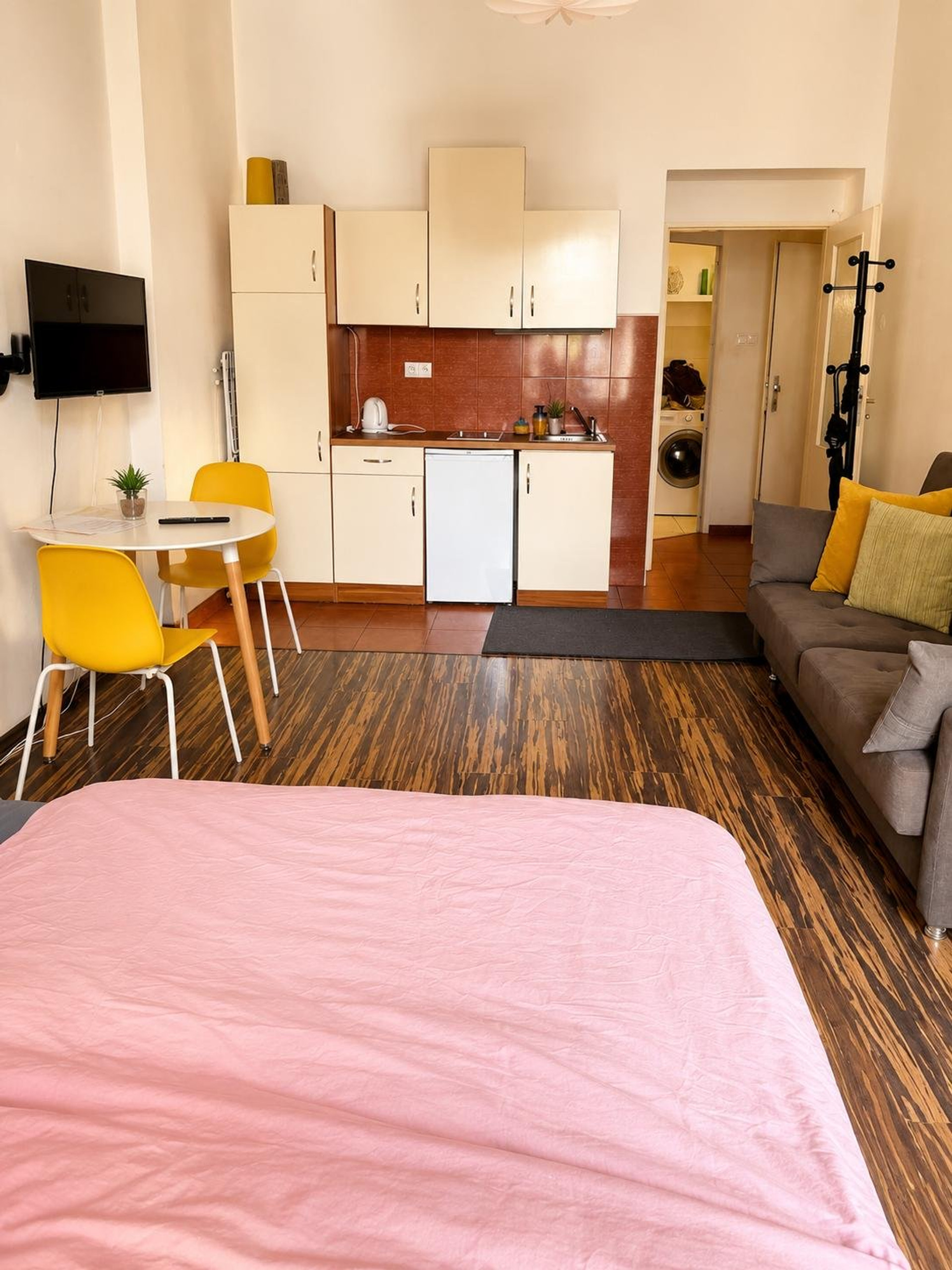 Open studio with kitchen and sofa