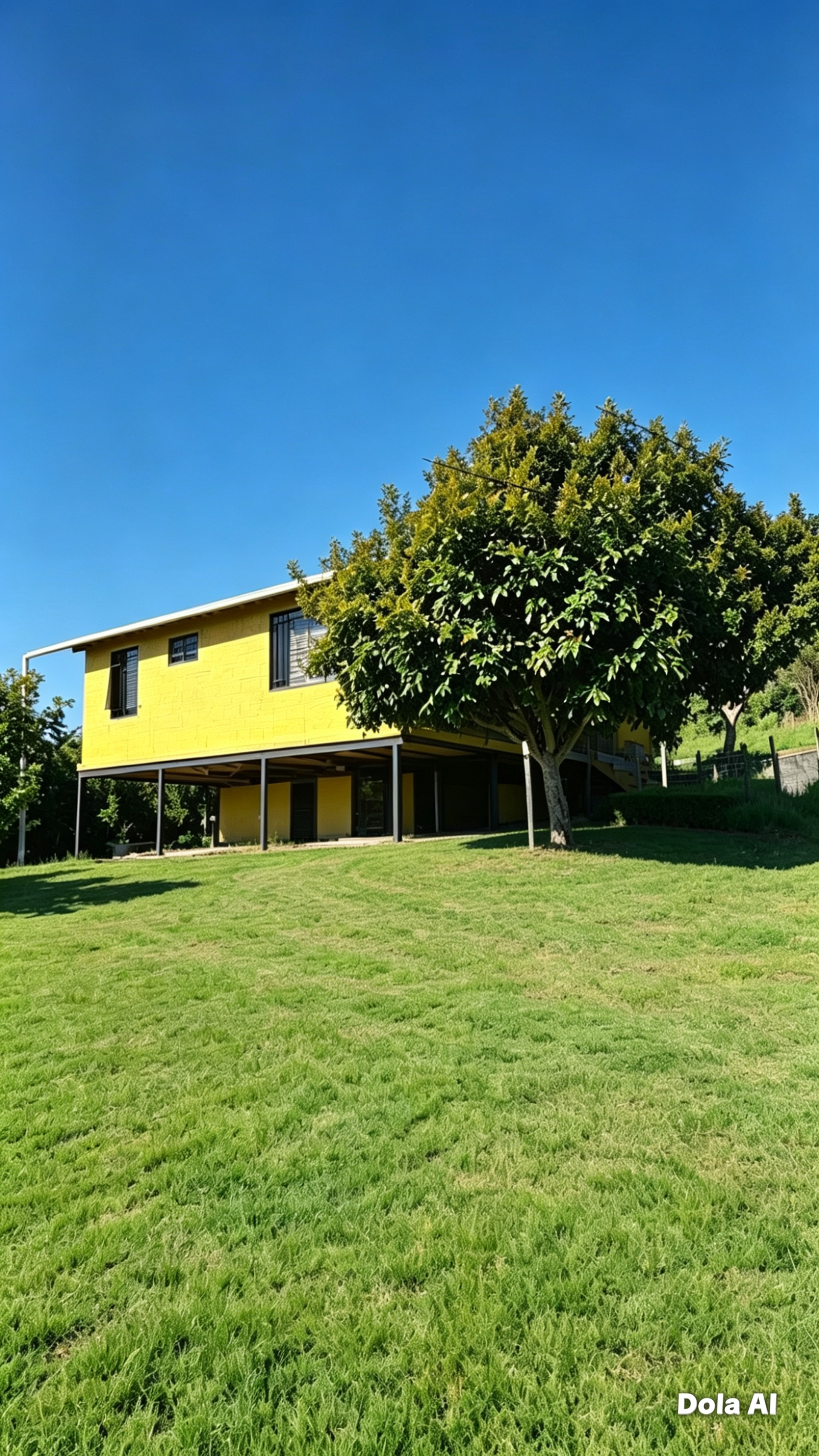 Yellow house exterior green lawn