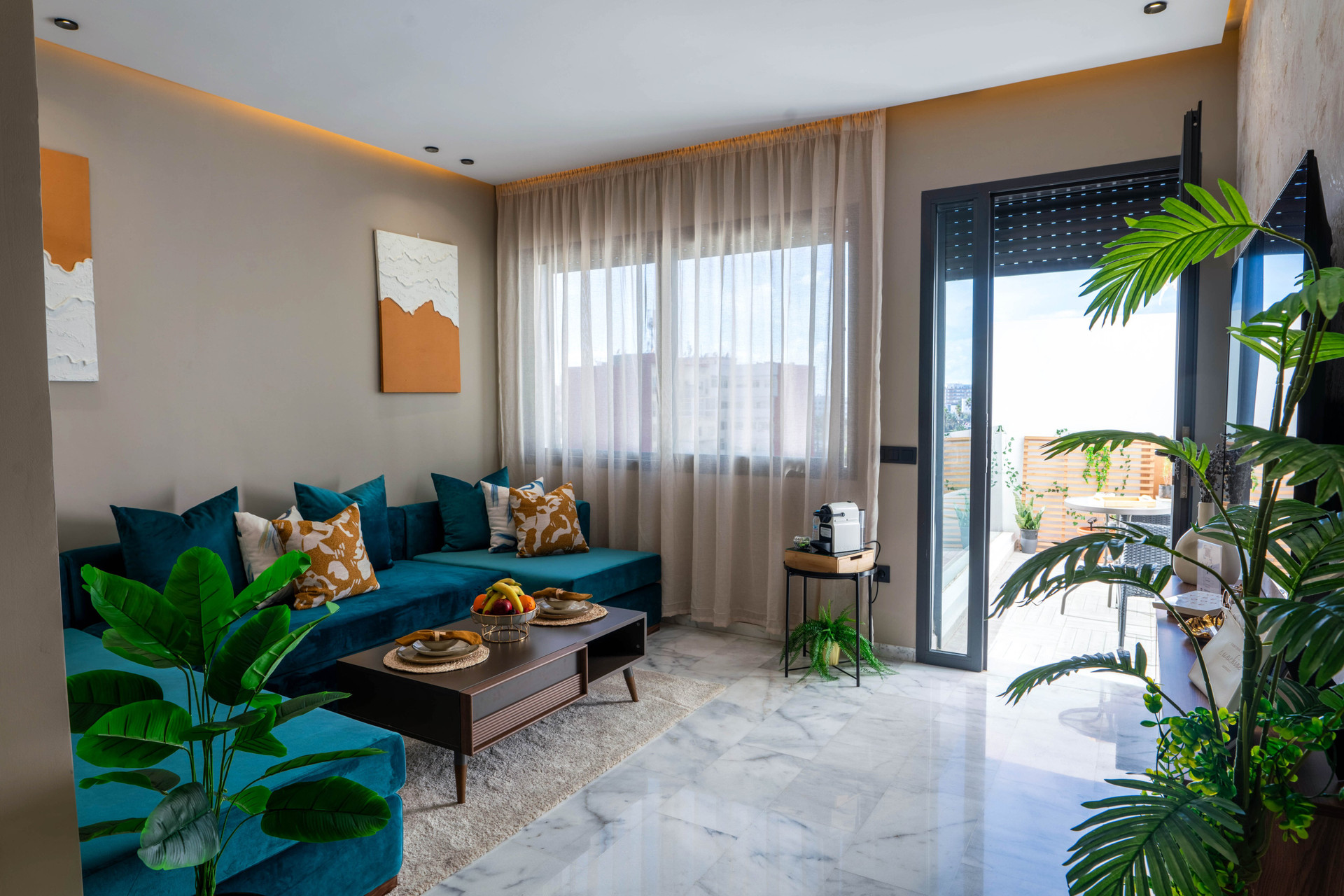 Bright living room with terrace access