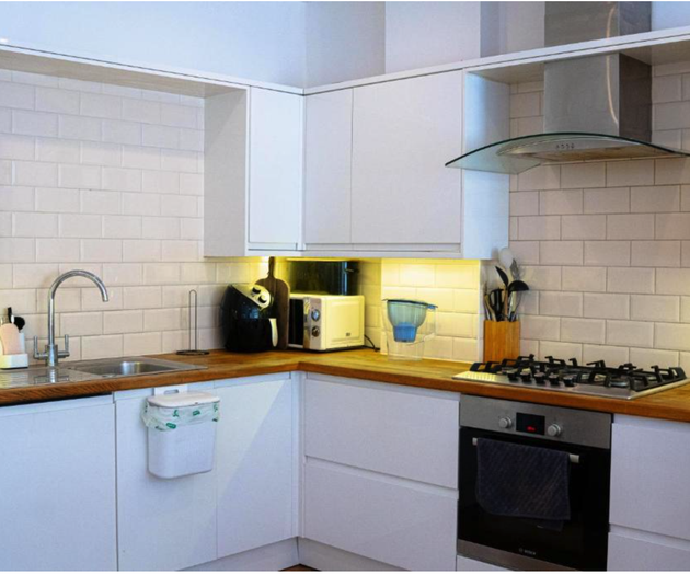 White kitchen with wooden worktops