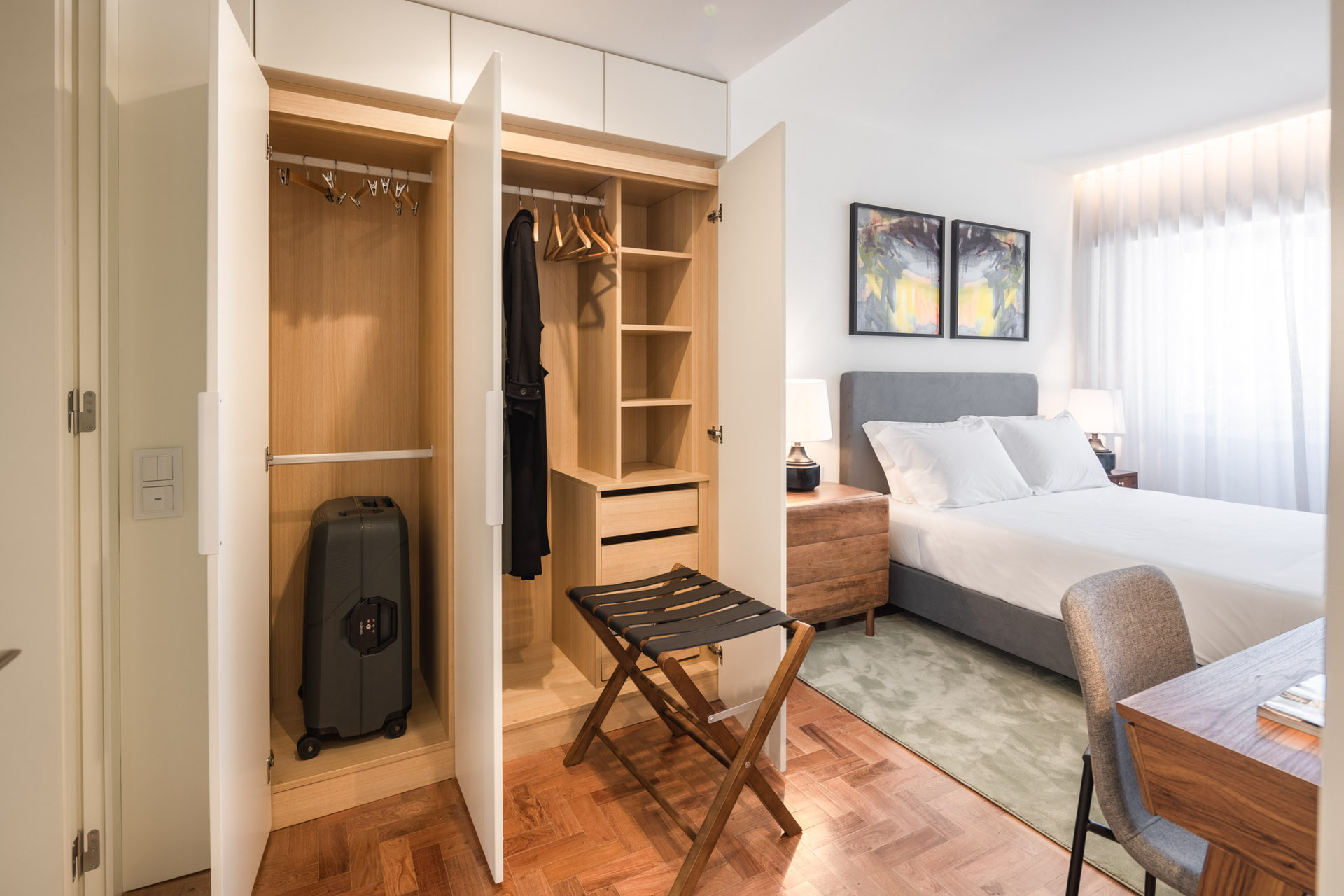 Bedroom closet and bed