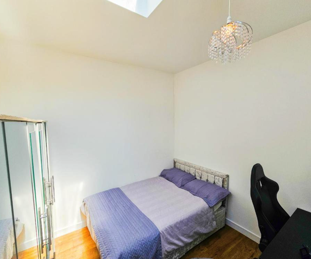 Bedroom with skylight and chandelier