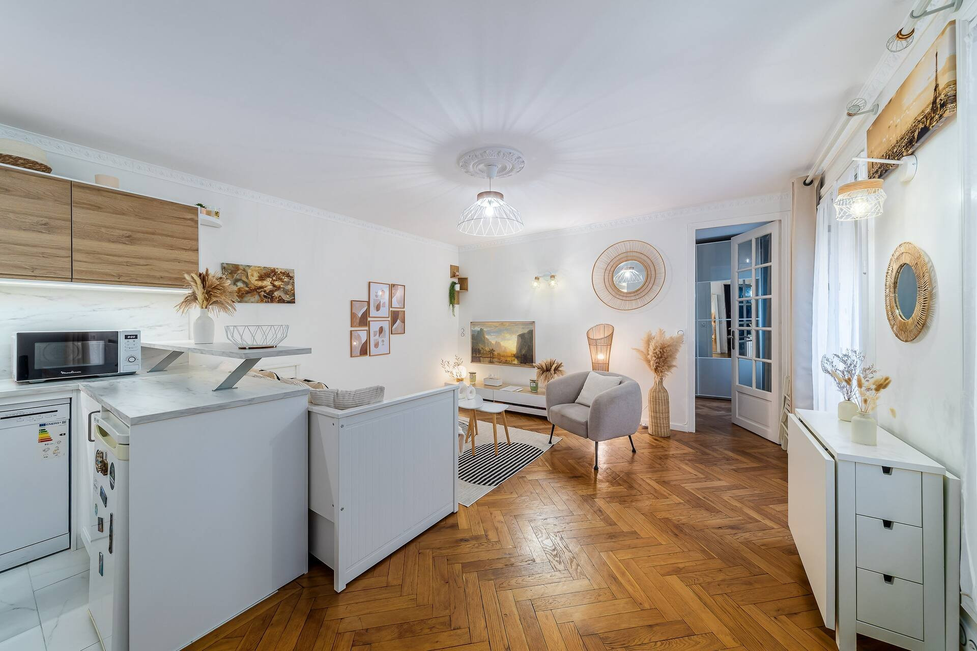 Open living room and kitchen view