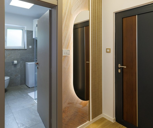 Hallway with bathroom view